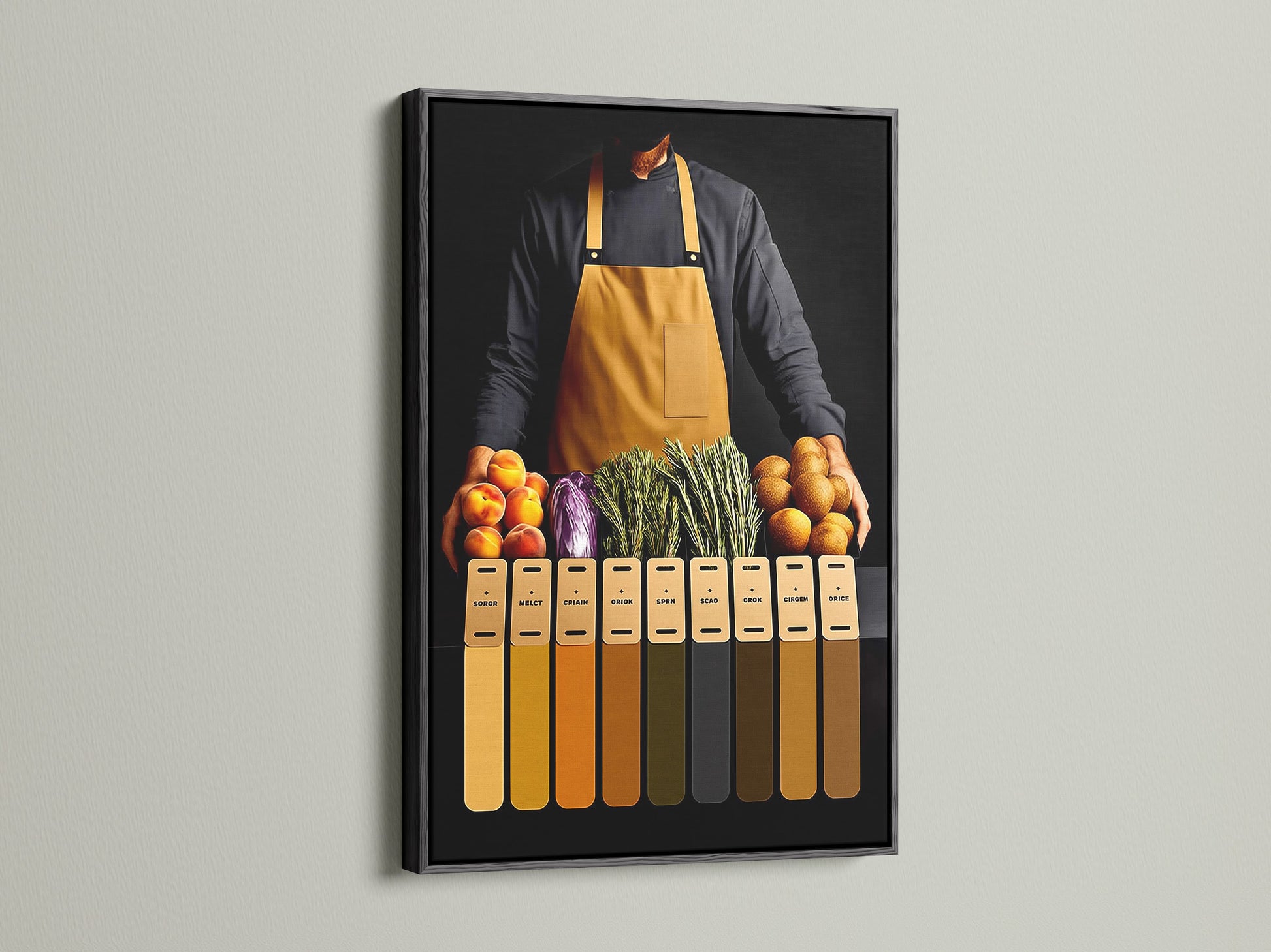 Culinary Still Life artwork in a black frame. The image showcases kitchen wall art. This modern foodie art is perfect for dining room decor.  It will add a touch of sophistication to any space. Ideal for chefs and restaurant owners. This savory art is ideal for cafes.