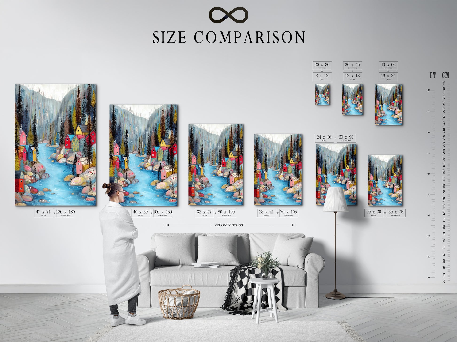 A size comparison chart in an interior setting. It shows the Village River artwork in various sizes. Visualize the perfect size for your space. This chart helps you choose the ideal artwork dimensions. It ensures a perfect fit for your home decor needs.