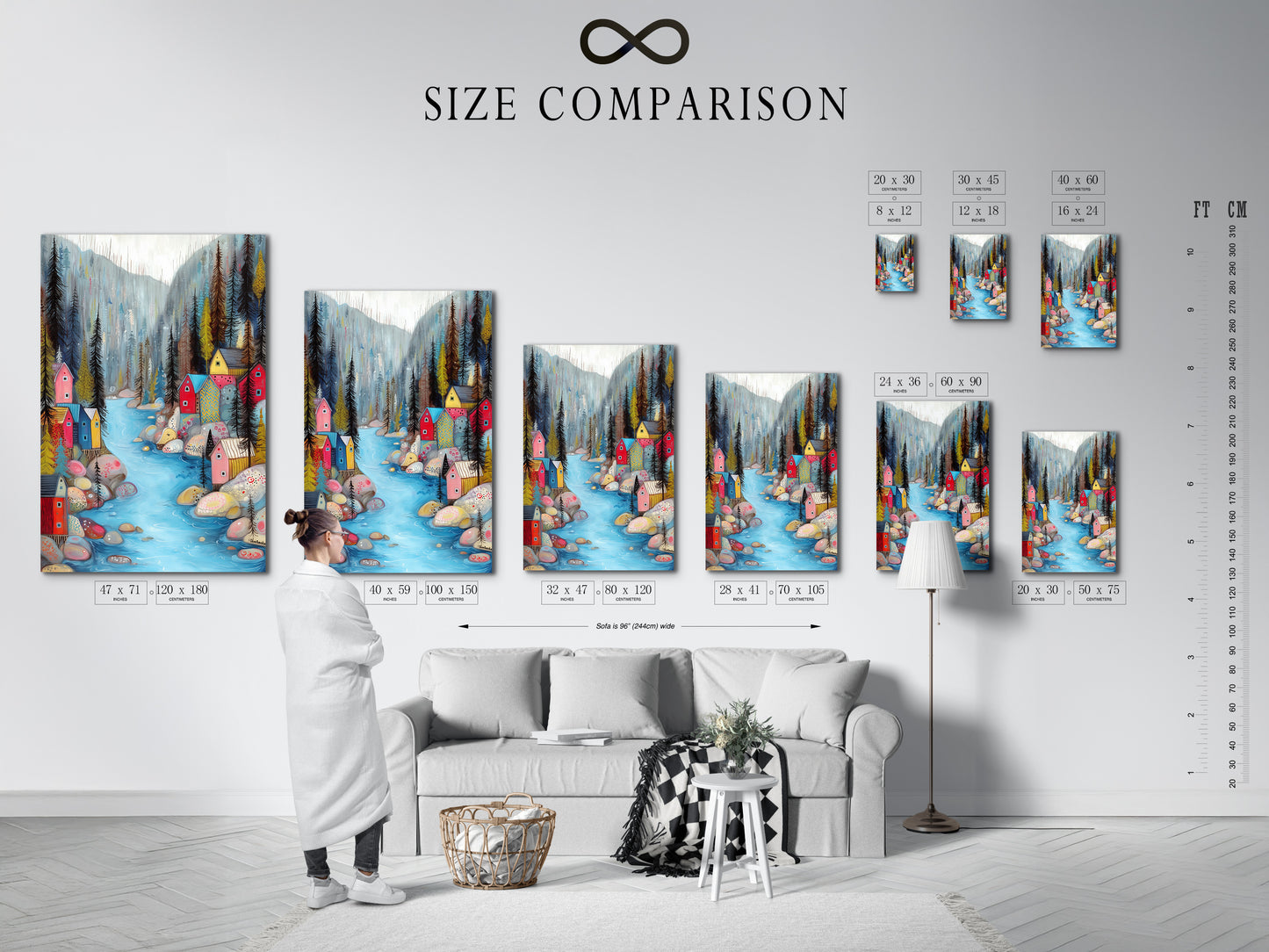 A size comparison chart in an interior setting. It shows the Village River artwork in various sizes. Visualize the perfect size for your space. This chart helps you choose the ideal artwork dimensions. It ensures a perfect fit for your home decor needs.