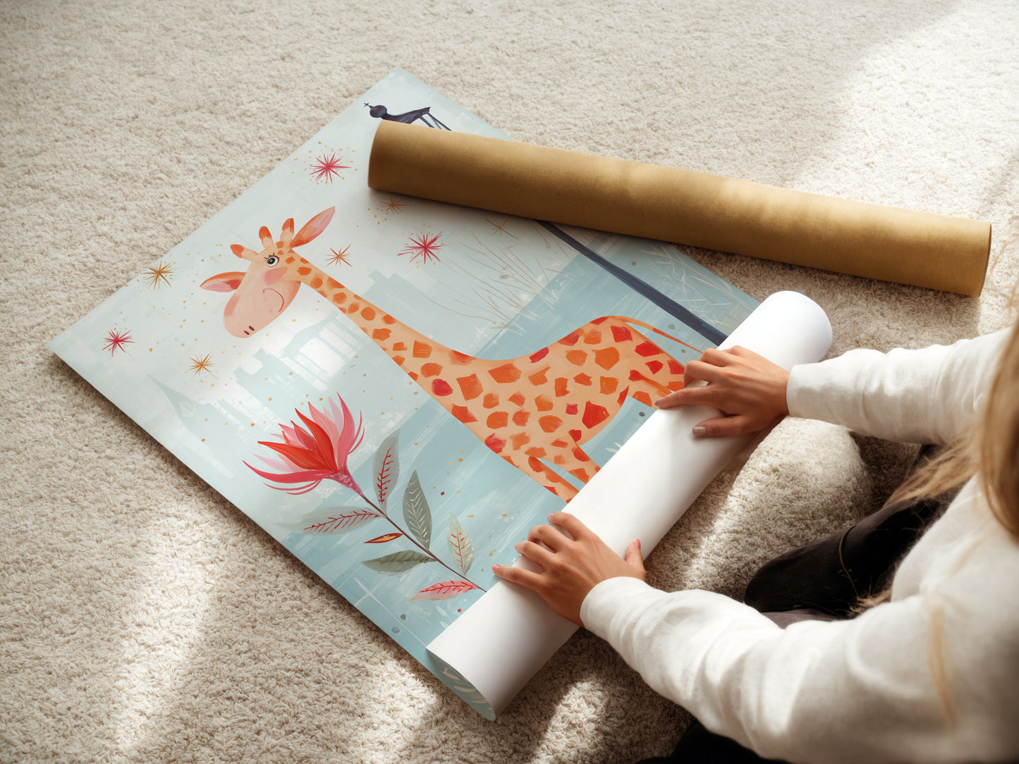 A woman is carefully rolling a fine art poster paper print of a giraffe artwork. The print is perfect for a nursery or playroom. Fine art paper enhances the details of this whimsical art. Get yours today.