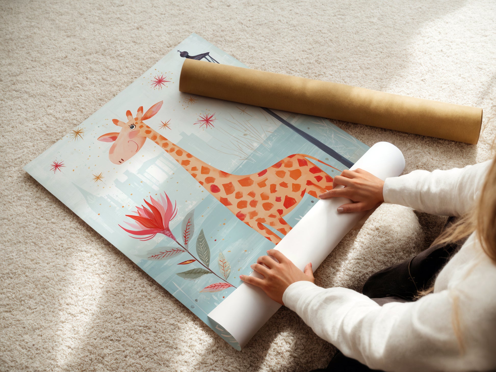 A woman is carefully rolling a fine art poster paper print of a giraffe artwork. The print is perfect for a nursery or playroom. Fine art paper enhances the details of this whimsical art. Get yours today.