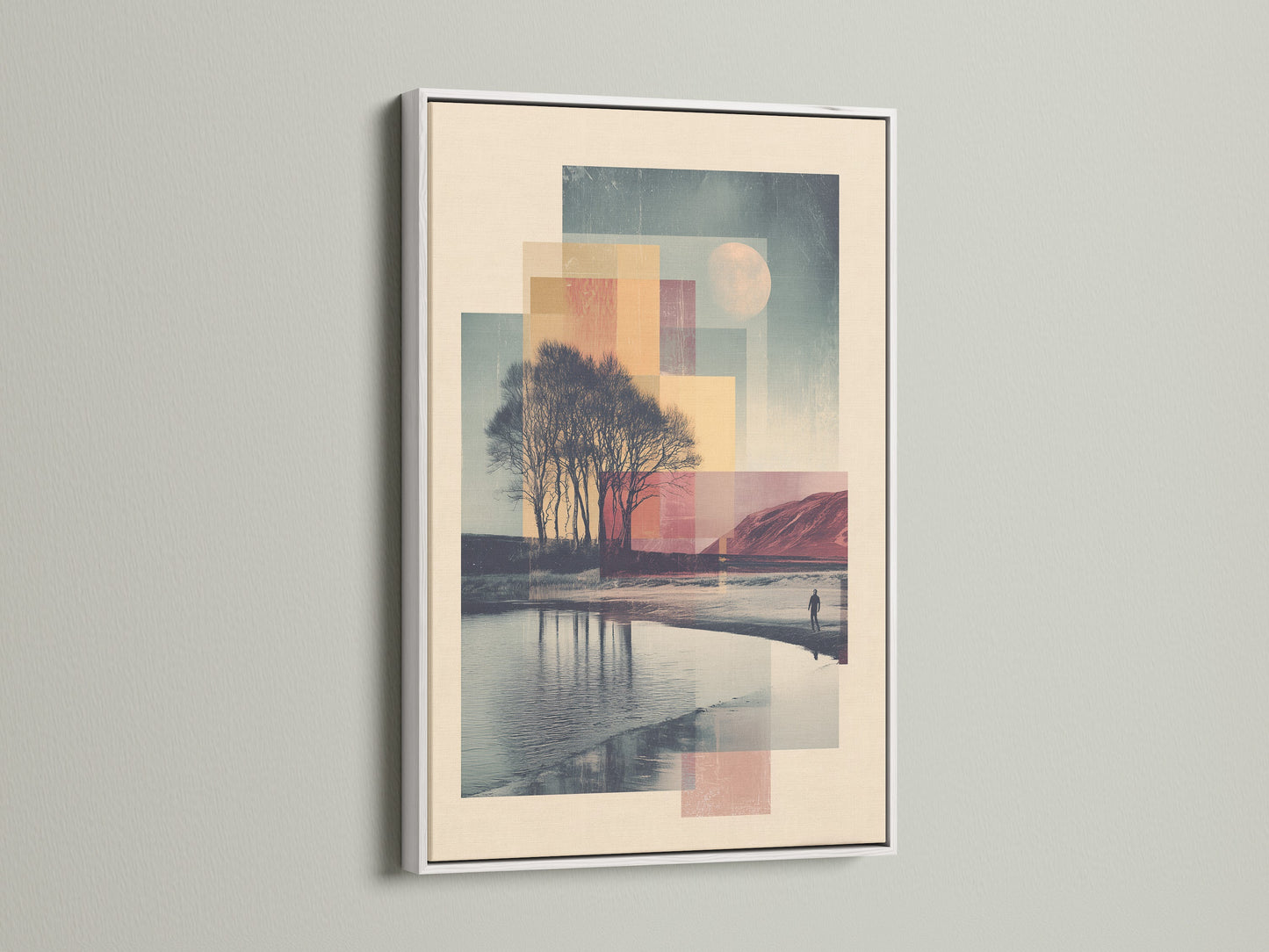 White frame. The artwork features a serene landscape. It has a body of water and trees. The white frame is a classic choice. It complements any artwork.