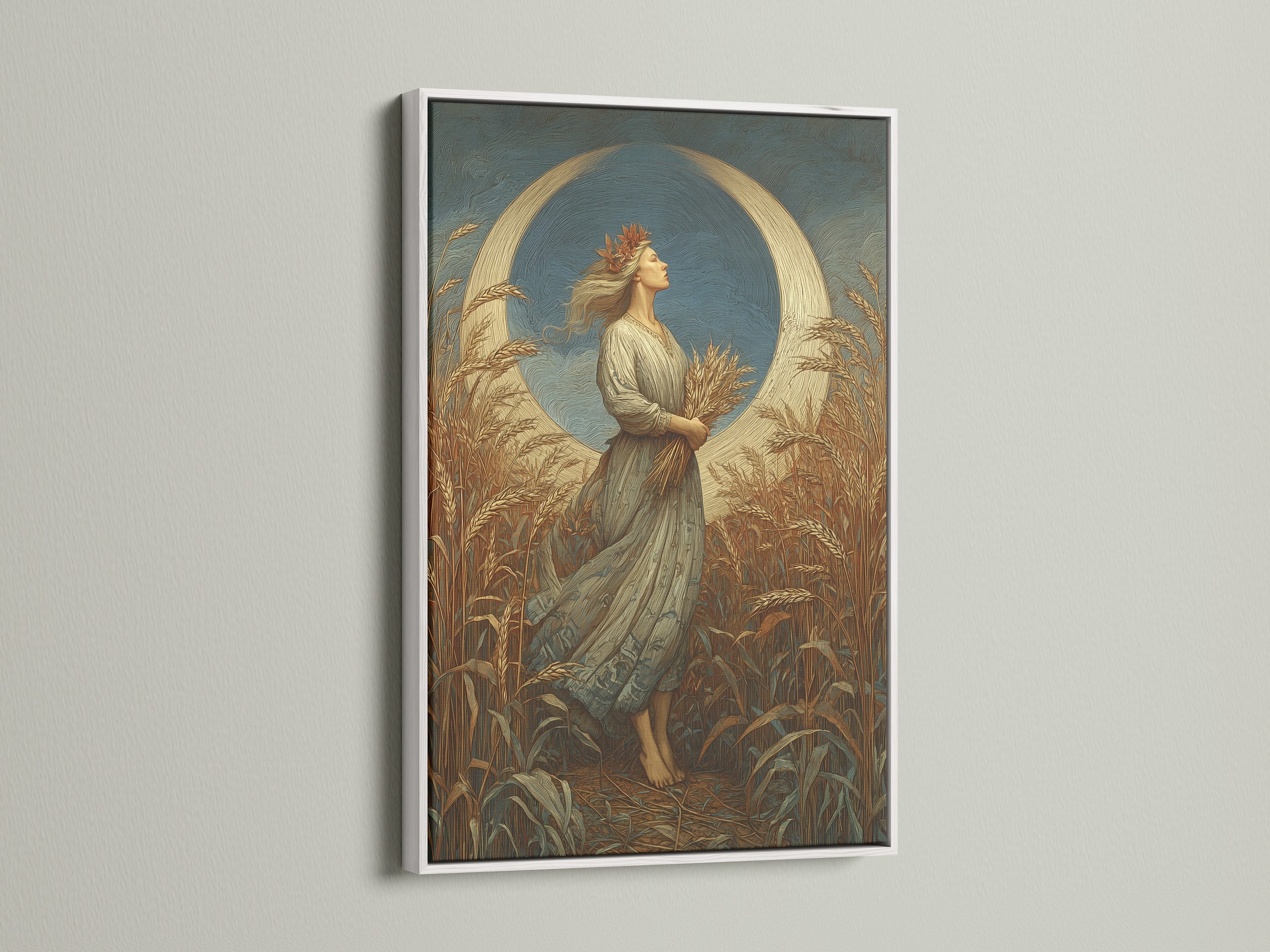 This artwork is in a white frame. The white frame offers a clean modern look. It complements various artwork styles. This frame enhances the artwork's visual appeal. It is ideal for contemporary spaces. Add sophistication to your walls.