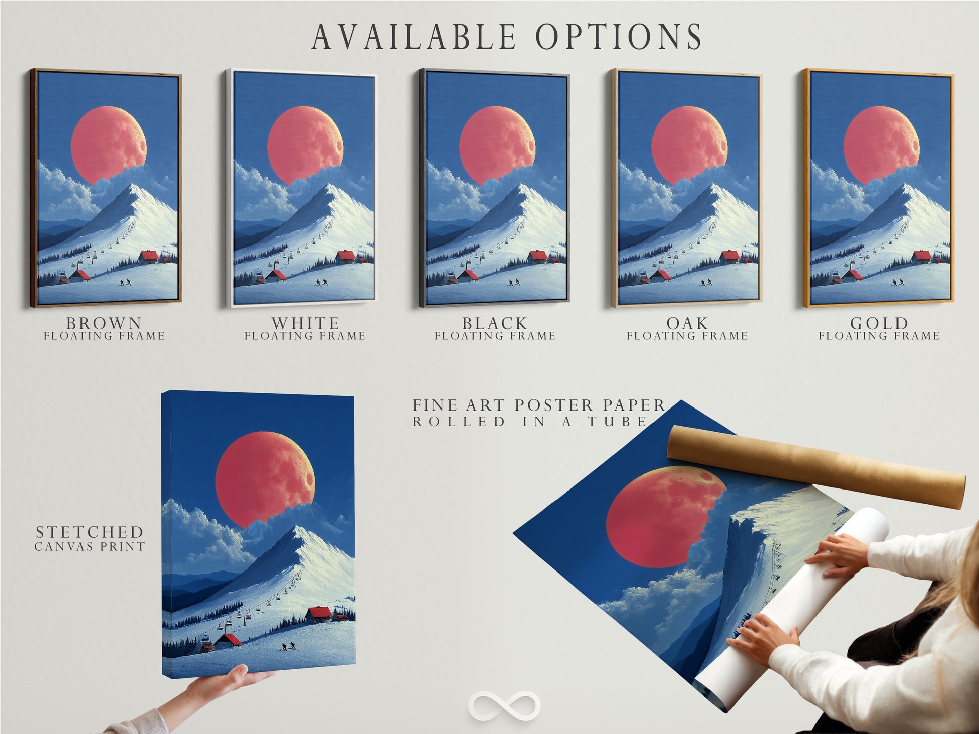 Explore the available options for this ski resort artwork. Choose from a stretched canvas print. Consider the fine art poster paper. Or opt for a floating frame. Each option enhances the alpine winter scene. Personalize your mountain landscape decor.