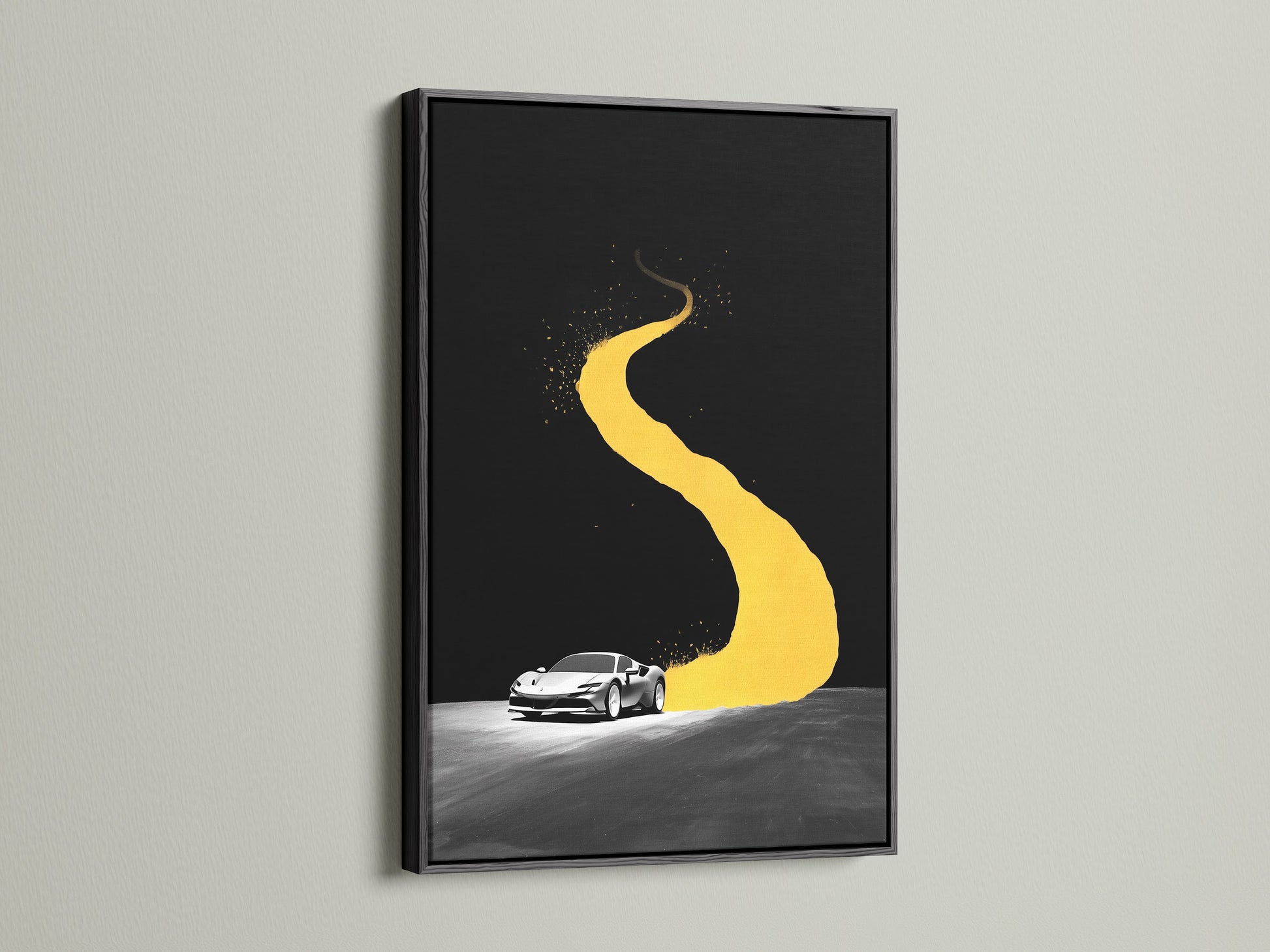 View the sports car canvas print in a black frame. The yellow road art contrasts beautifully with the frame. It's great modern car artwork for a garage. The automotive wall decor enhances any man cave.