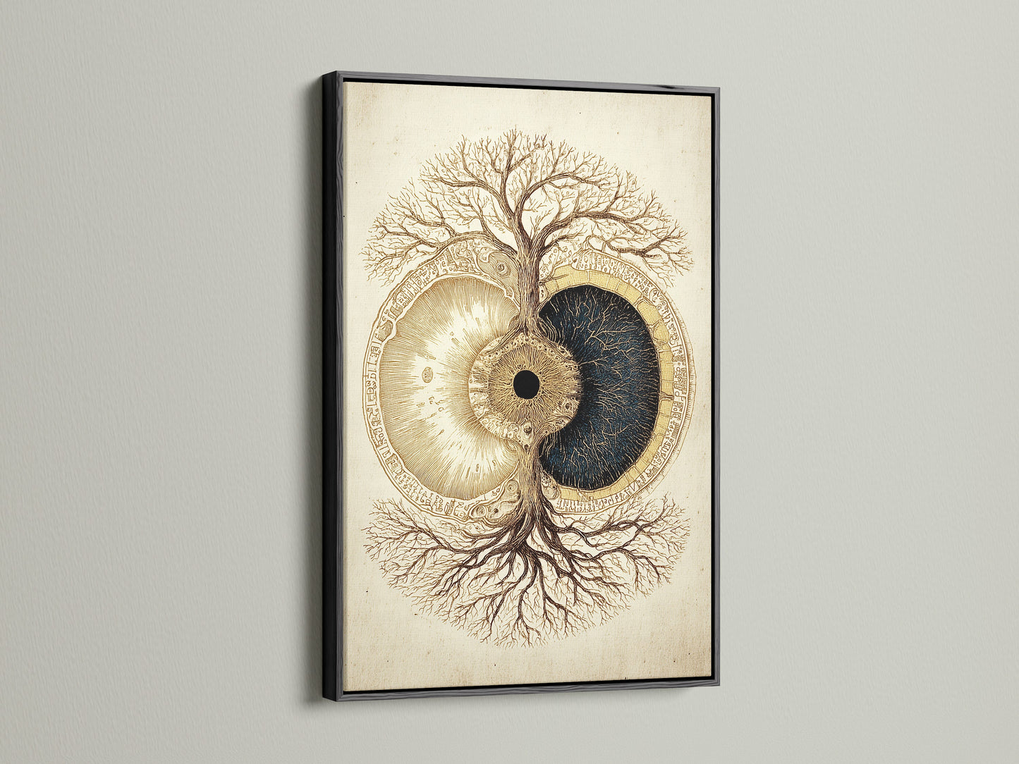 Black frame showcases the artwork. The black frame provides a classic and sophisticated look. The artwork features a tree and eye artwork. It adds depth to the art. Ideal for any room. This frame makes a statement. It brings a touch of elegance.
