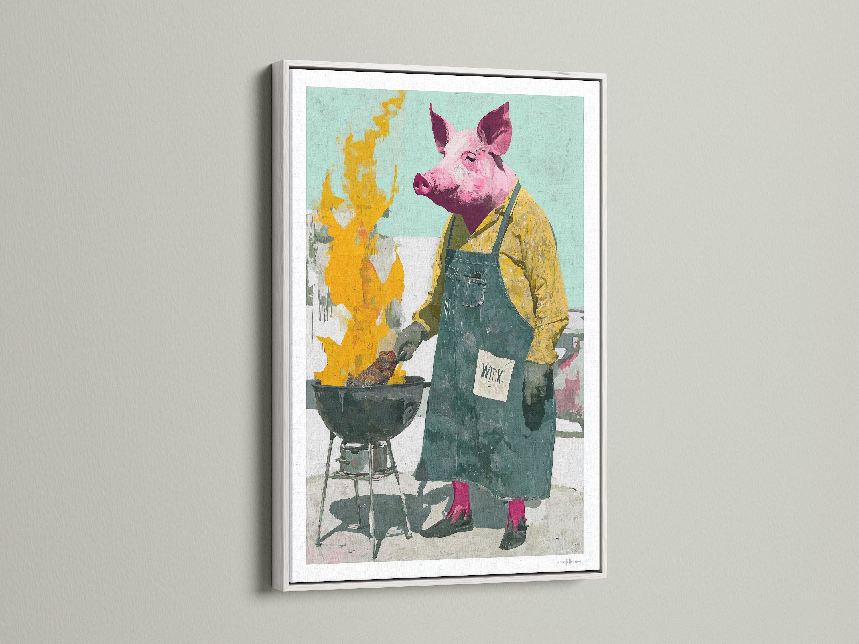 A white frame gives the Pig Chef artwork a clean modern look. The frame enhances the colors and details of the print. White is a versatile choice for any decor style. Perfect for a contemporary kitchen.