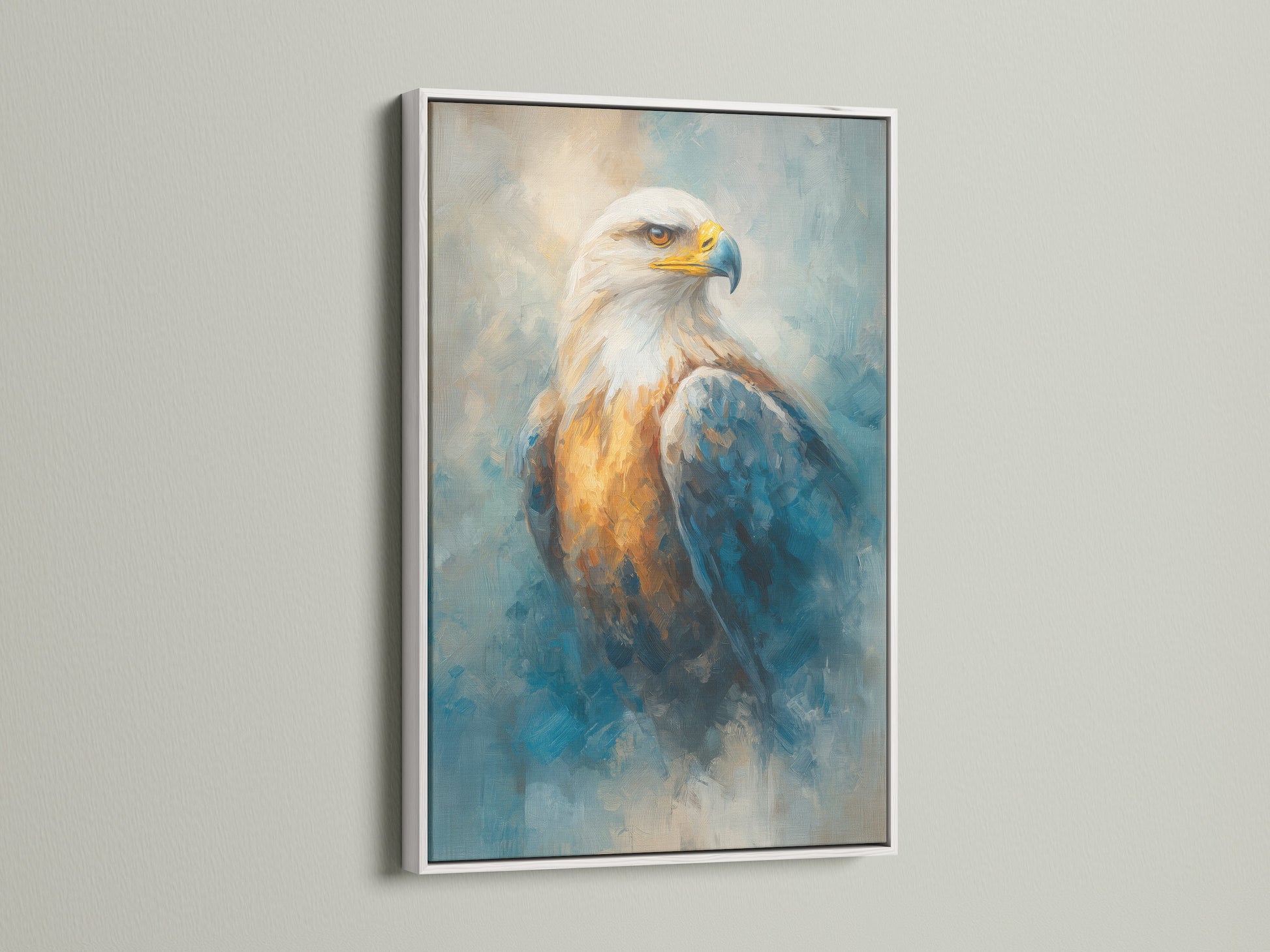 Majestic eagle artwork with a white frame. This bird canvas print is perfect for patriotic decor. The wildlife art complements office wall art beautifully. Explore our raptor and American eagle art options. This nature wall art captures the essence of a majestic eagle. Shop now for wildlife canvas and eagle prints. Elevate your space with this powerful artwork.