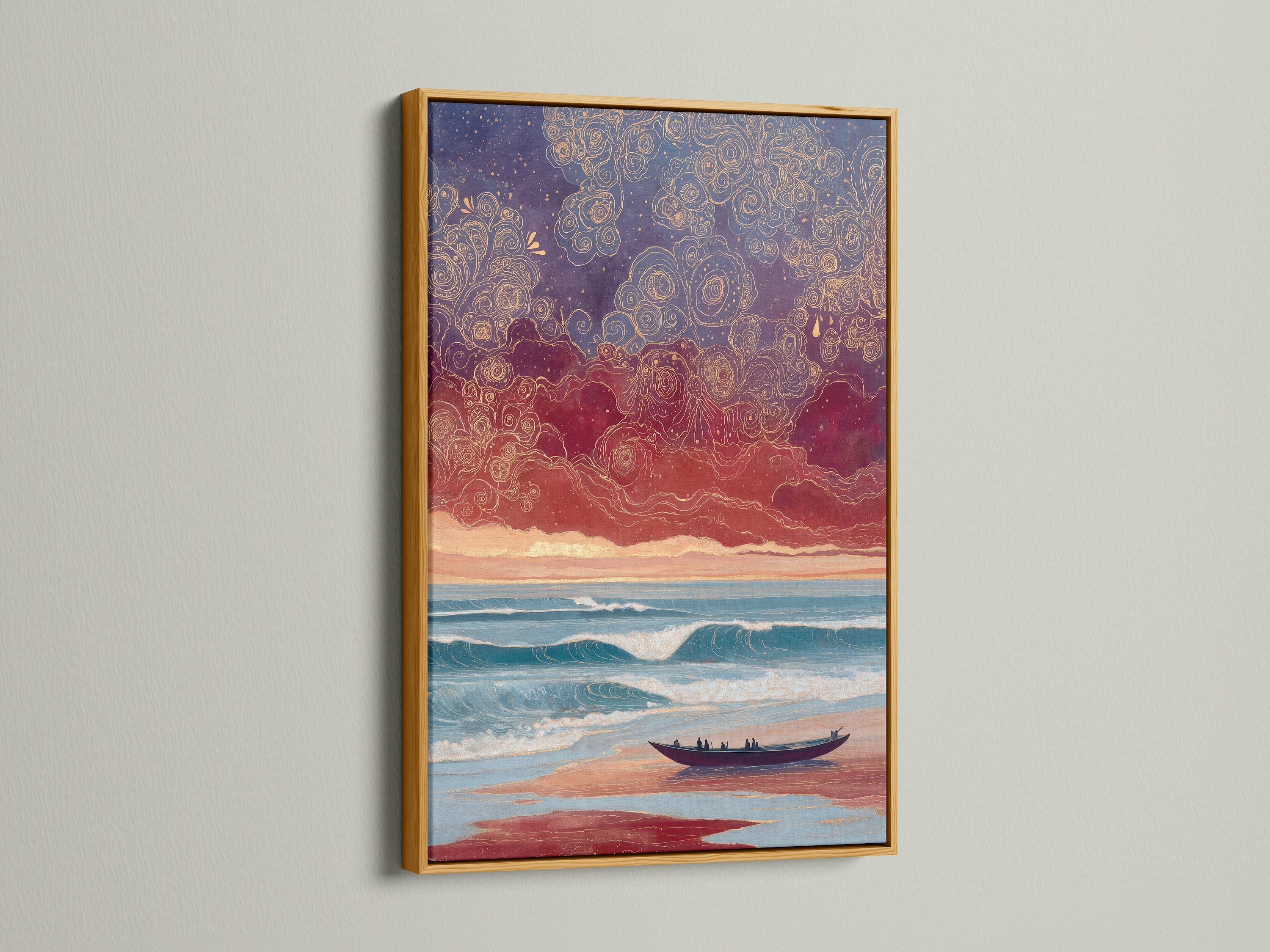 A stunning ocean canvas art piece with a gold frame. The dreamy sunset beach wall art enhances any room. Perfect for adding a touch of luxury to your space. The gold frame accentuates the coastal waves artwork. Bring the beauty of the ocean into your home.