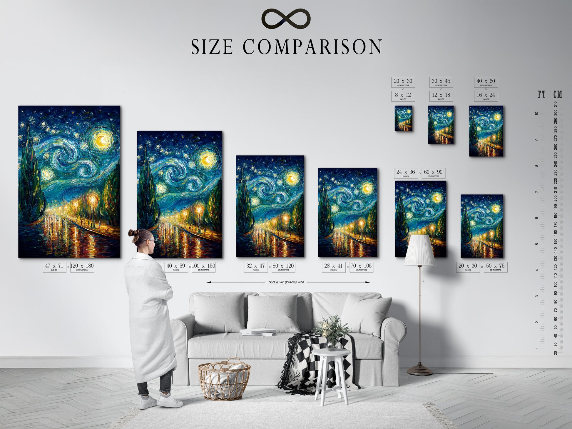 Size comparison chart in an interior setting. See how different sizes of artwork look in a room. Find the perfect size to fit your space. This chart helps you visualize the scale and impact of your art. Choose wisely and transform your decor.