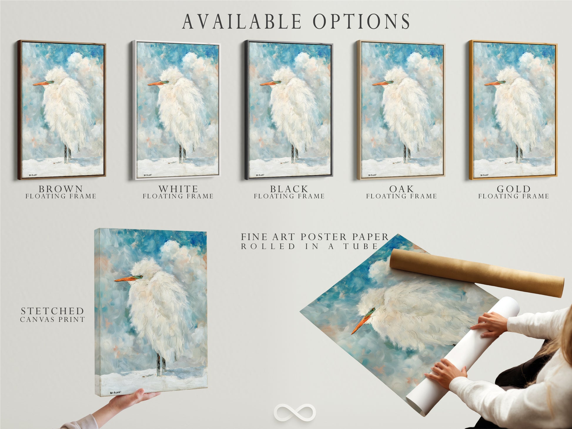 Explore available options for the Heron artwork. Choose from a stretched canvas print. Fine art poster paper and floating frame are available. Customize your beach house decor now