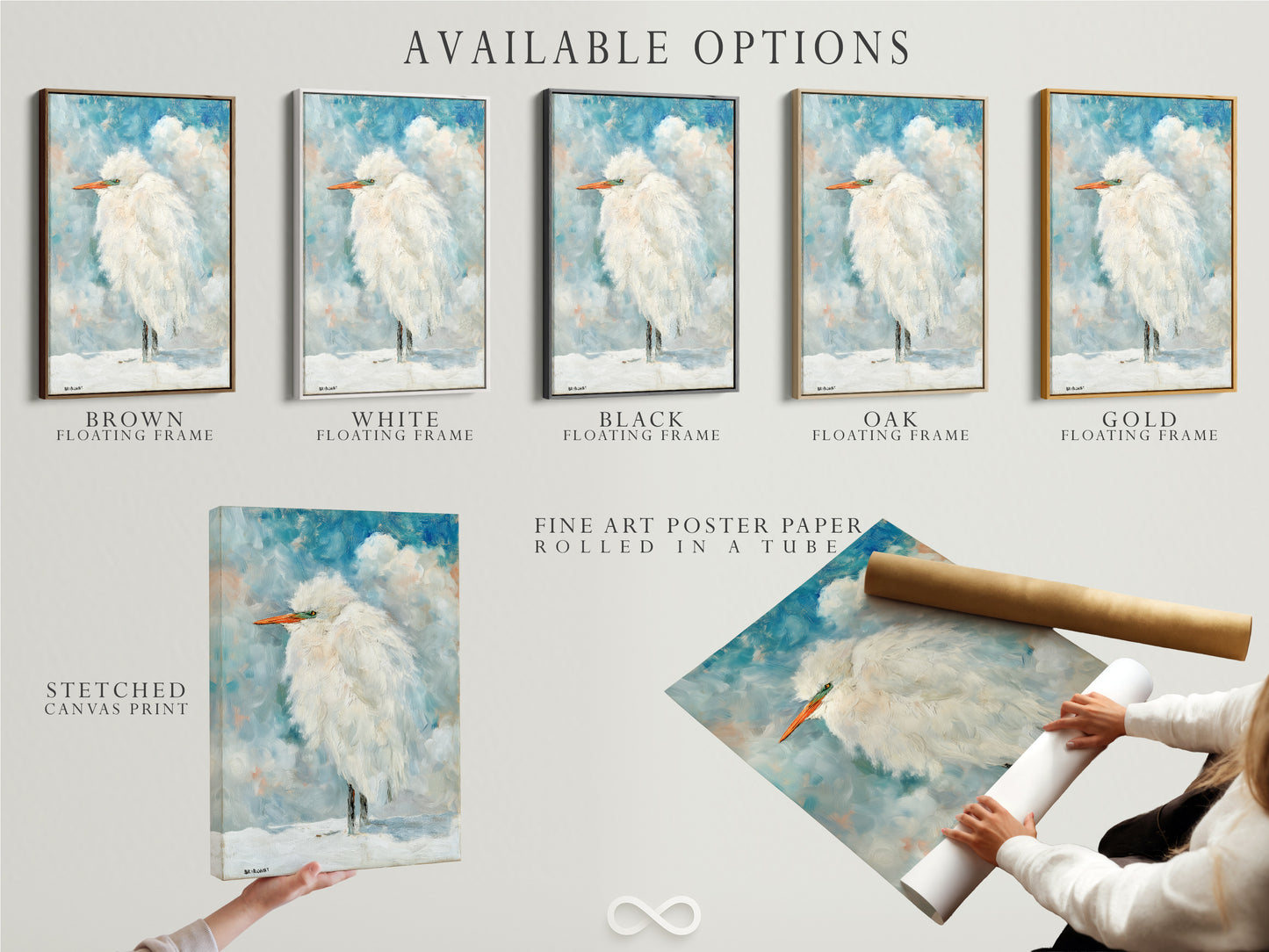 Explore available options for the Heron artwork. Choose from a stretched canvas print. Fine art poster paper and floating frame are available. Customize your beach house decor now