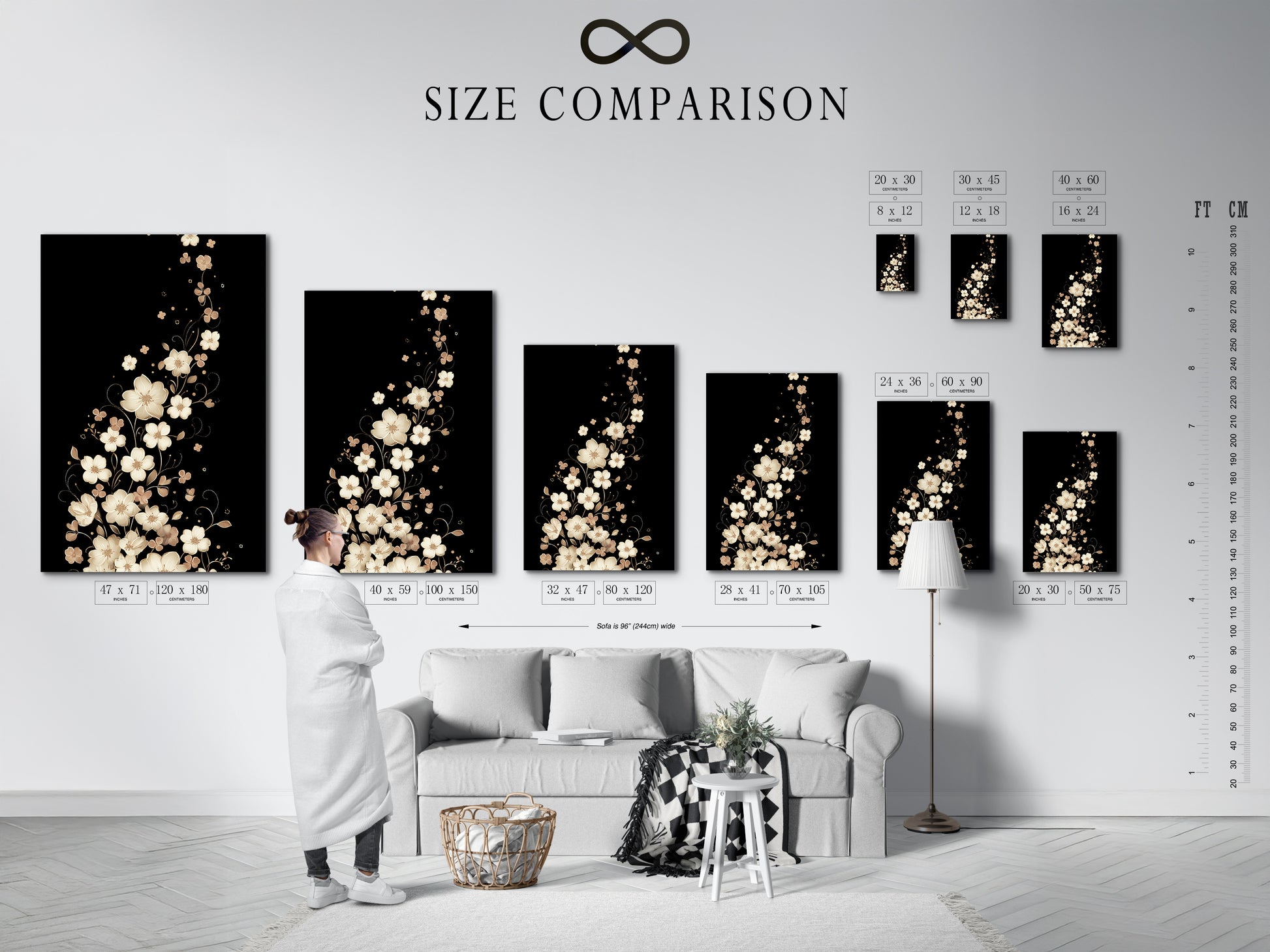 The size comparison chart is shown in an interior setting. This helps visualize the different sizes. It shows how the floral canvas print will look in your space. Choose the perfect size for your bedroom artwork.