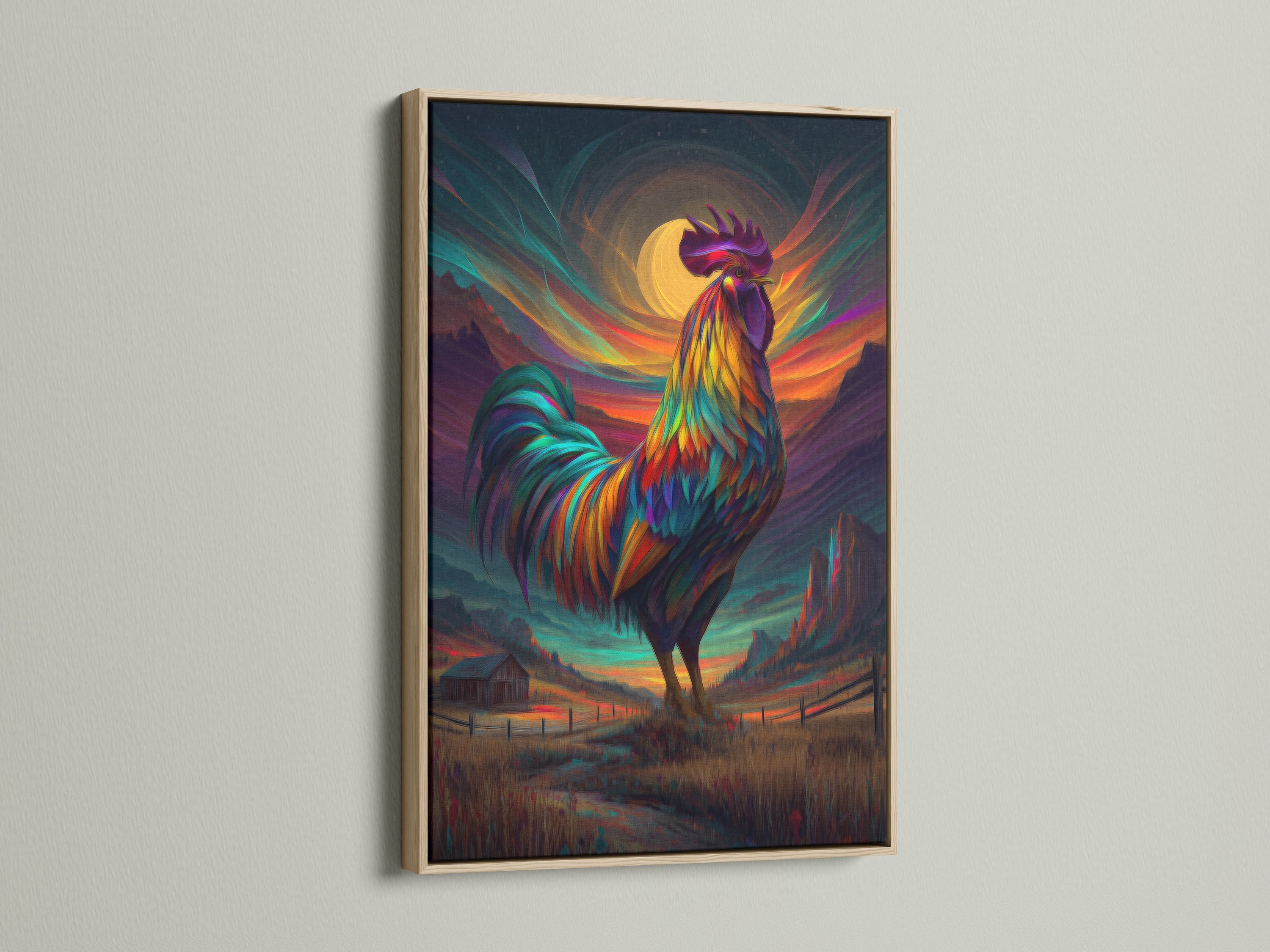 A captivating rooster artwork is presented in an oak frame. This farm animal print brings rustic elegance to your walls. The colorful rooster art adds a touch of vibrancy to your country kitchen decor. Perfect for homeowners and renters seeking unique artwork.
