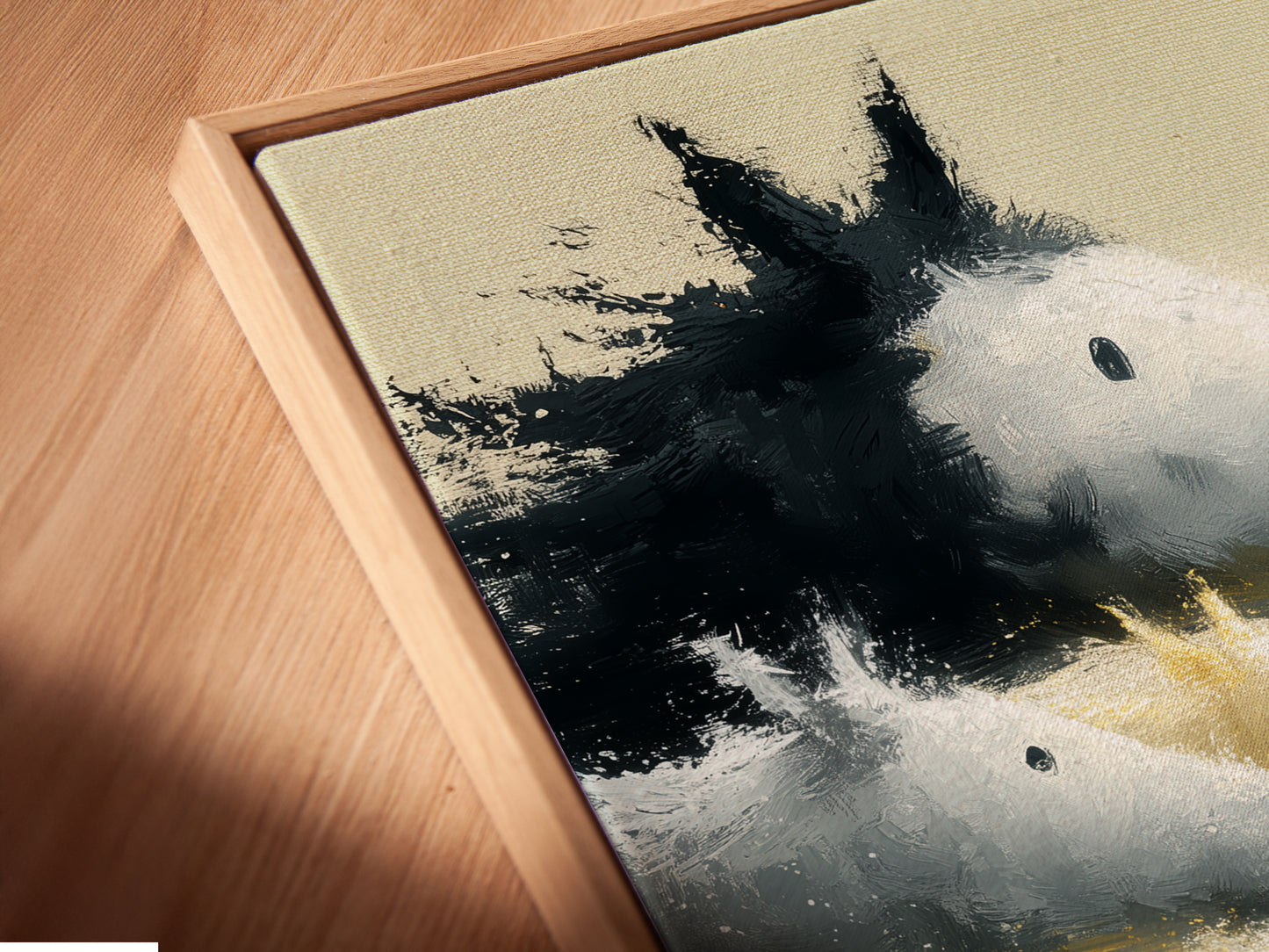 This is a close-up of a canvas print in a floating frame. The art shows a boy running in a yellow field with horses. This art piece is perfect for any space.