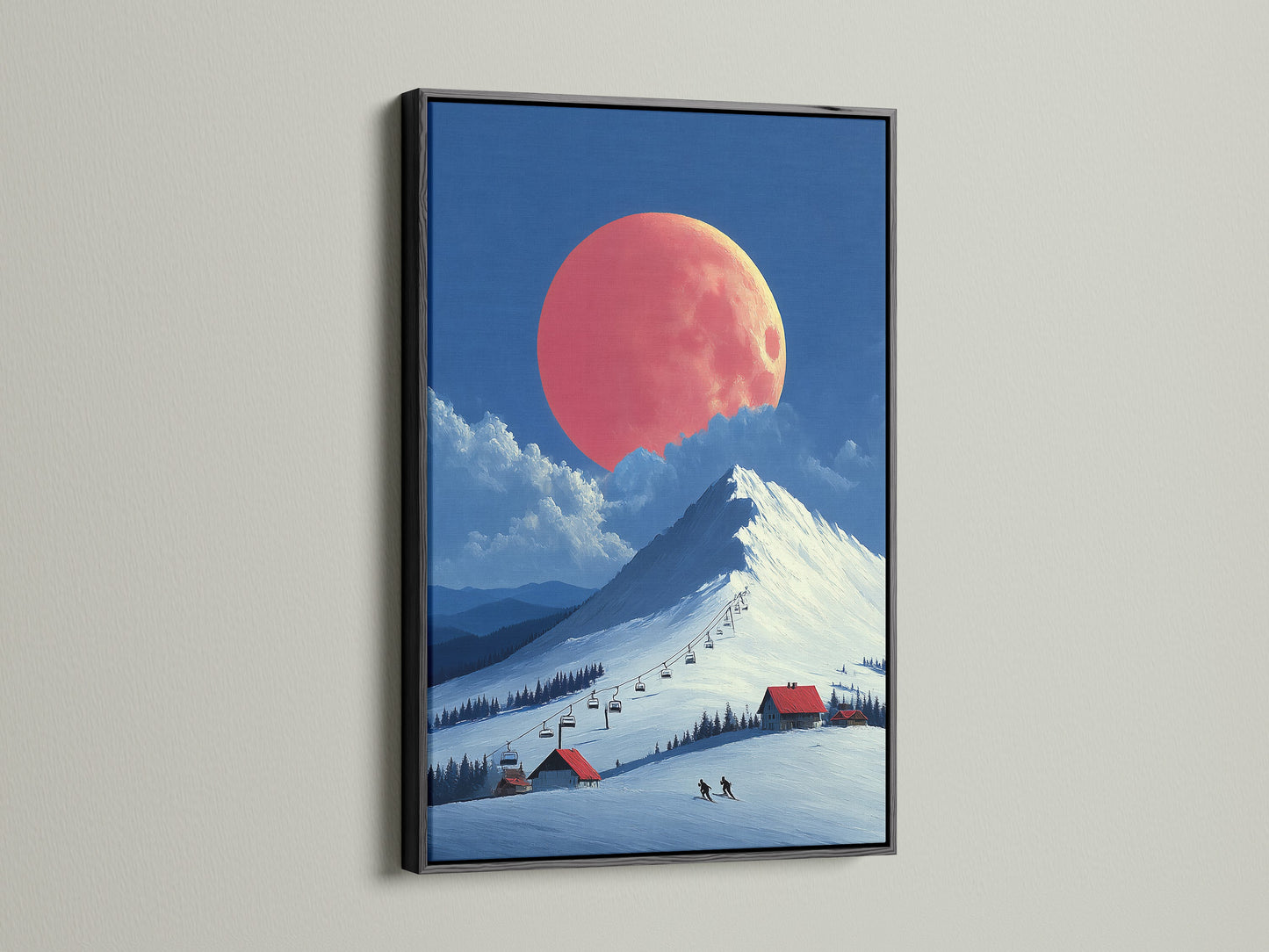 The black frame highlights the dramatic ski resort artwork. The mountain landscape and coral moon create a captivating scene. Ideal for a modern bedroom decor. It's a striking winter canvas print. The black frame adds a touch of sophistication.