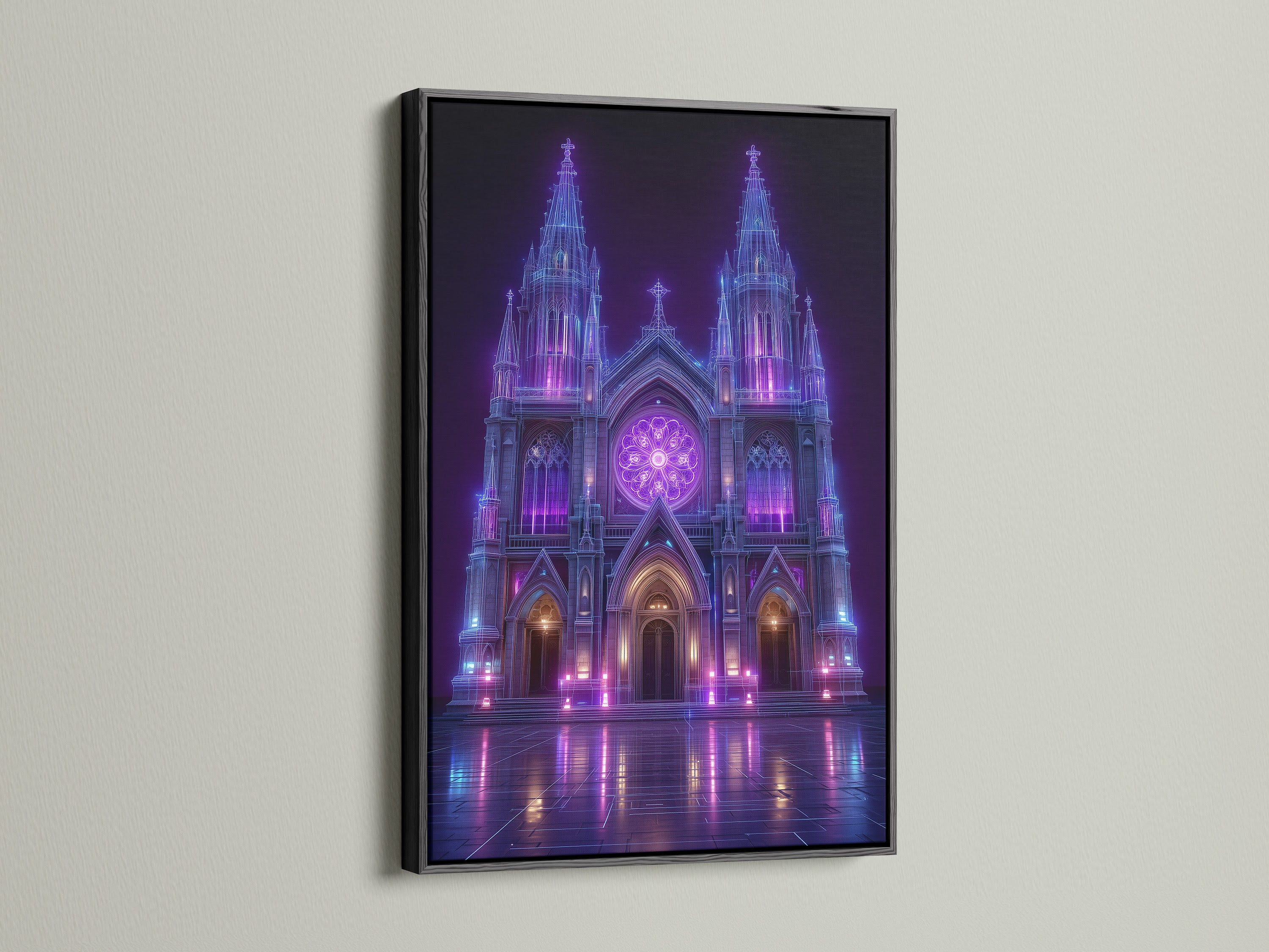A black frame adds drama to this neon architecture artwork. This cyberpunk decor makes a bold statement. The black frame intensifies the purple church print. Gothic wall decor never looked so good. Enhance your office wall art today.