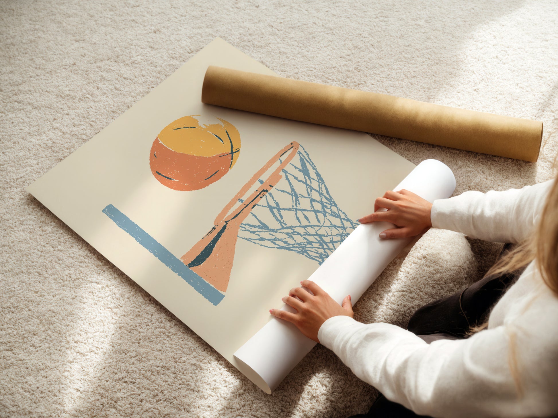 A woman is carefully rolling a fine art poster paper. This shows the care and attention to detail in handling fine art prints. The poster paper is of high quality ensuring vibrant colors.