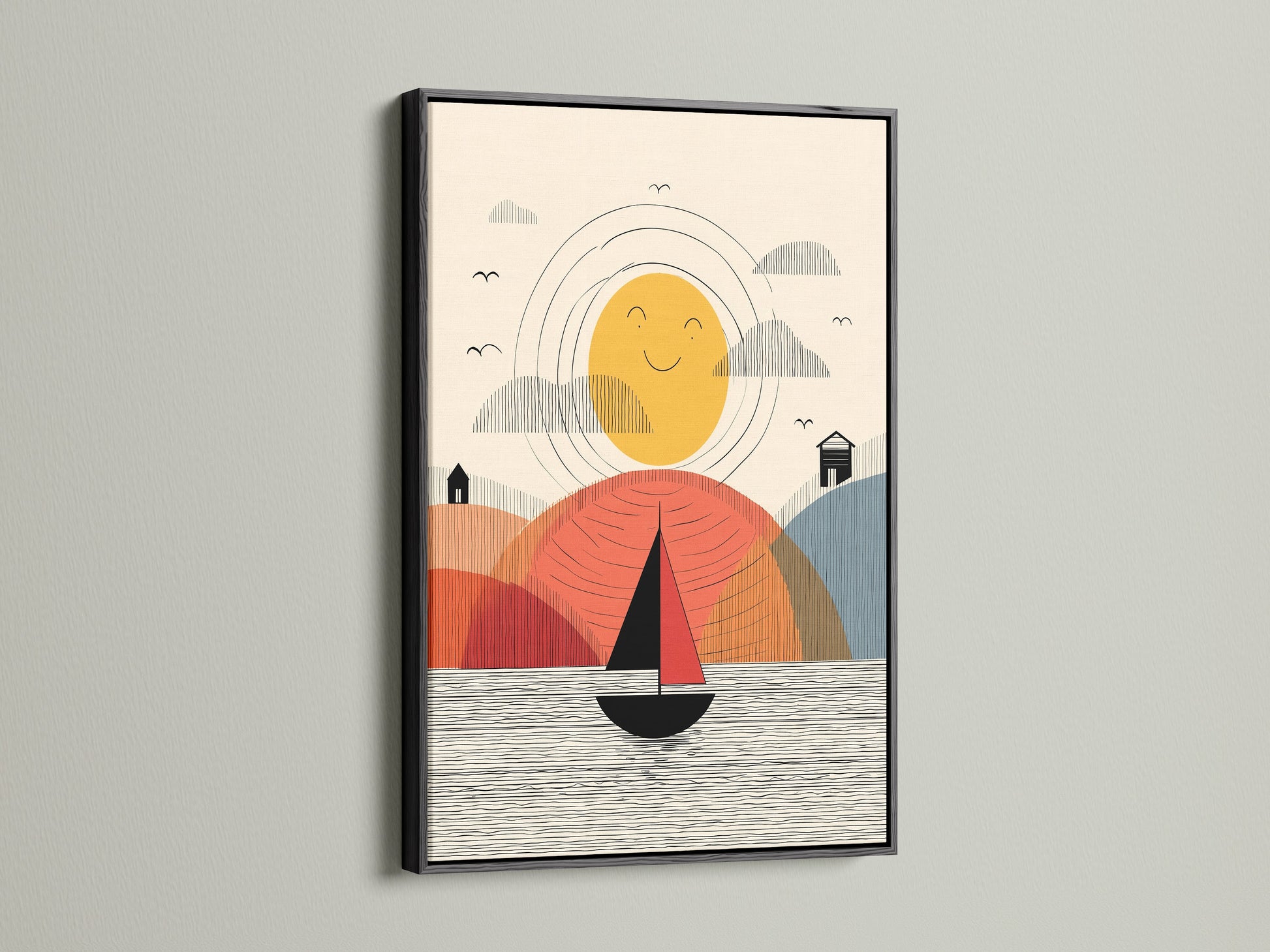 Modern Sailboat Artwork with Black Frame. The black frame adds contrast to the coastal canvas. This sailboat art enhances office wall decor. It is a striking piece for contemporary interiors. This is a boat print.