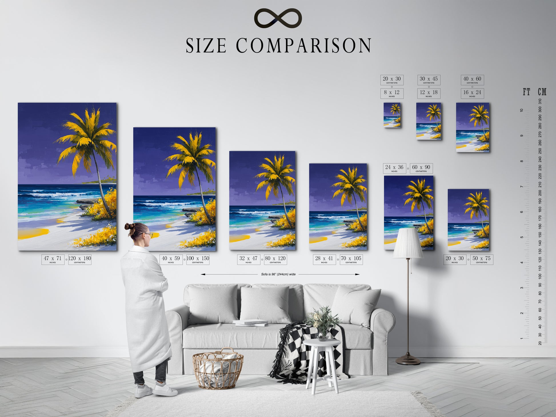 A size comparison chart is displayed in an interior setting. The chart helps visualize the artwork's dimensions. Choose the perfect size for your living room bedroom or studio. Plan your coastal decor now.