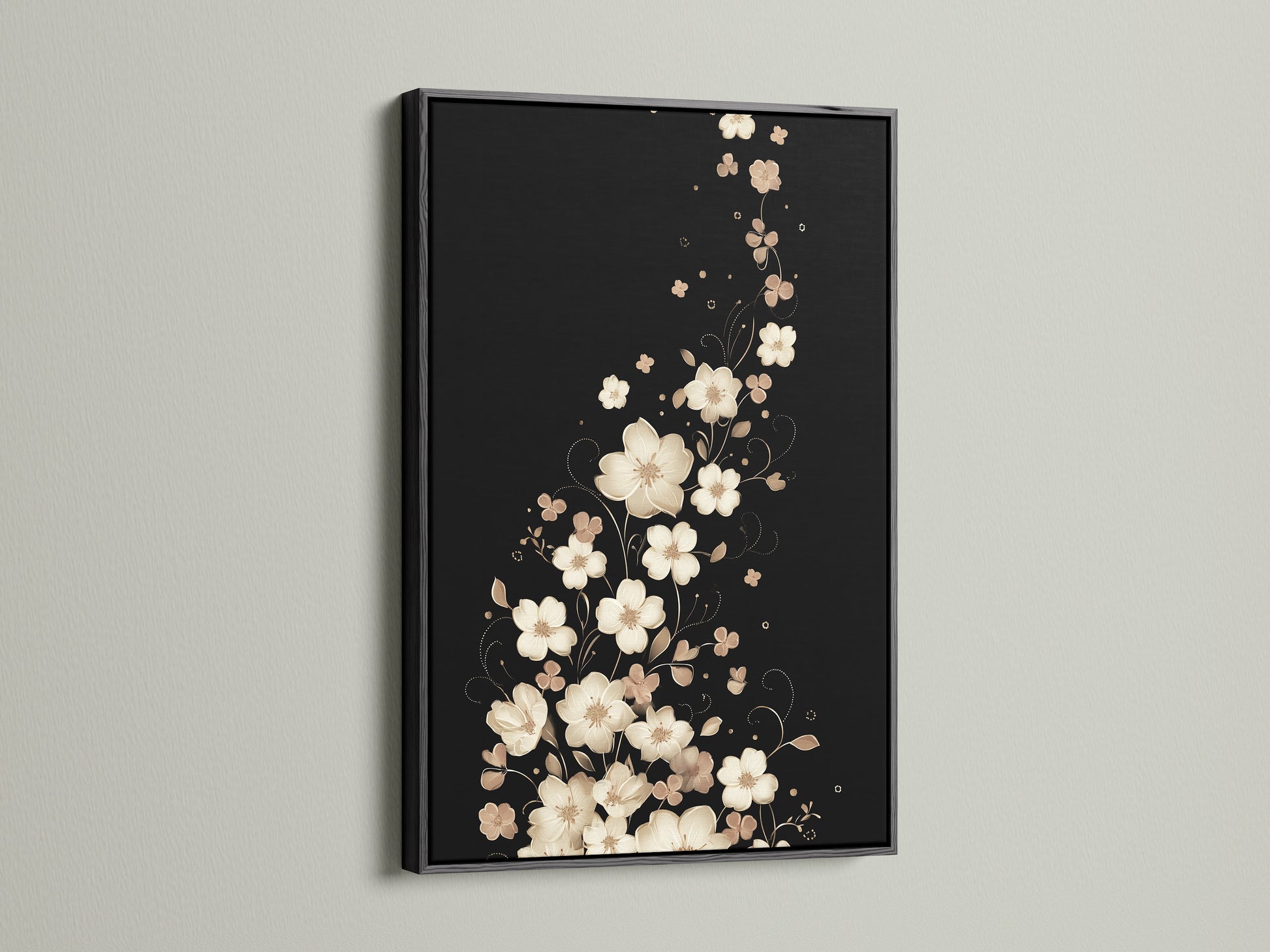 This image shows a floral canvas print with a sleek black frame. The contrast enhances the beige flowers. It's ideal for modern spaces. This botanical art adds a dramatic touch to any room.