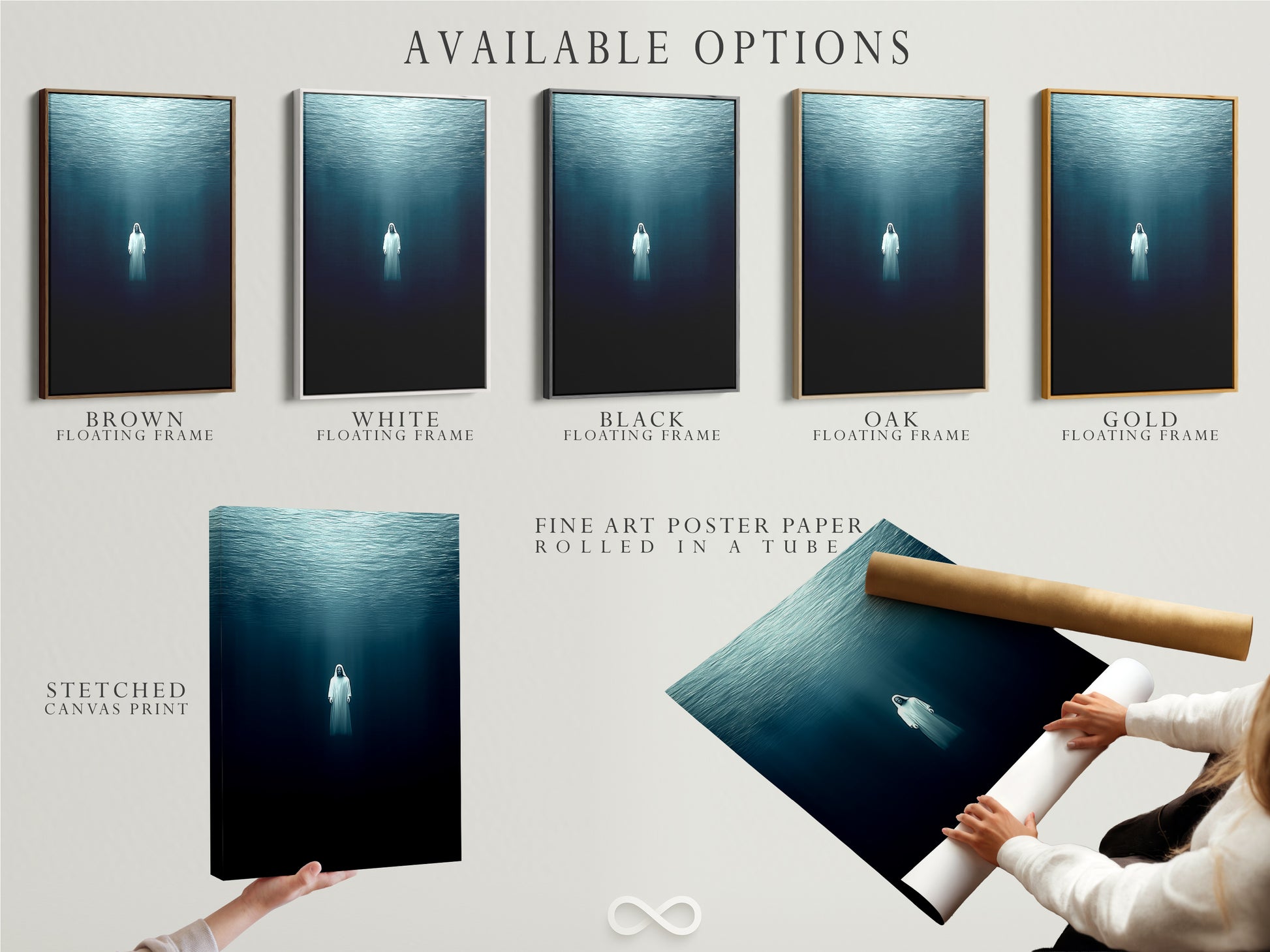Available options include a stretched canvas print fine art poster paper and a floating frame. The artwork features an underwater figure. Pick the perfect format for your modern space. These options cater to minimalist Scandinavian or coastal styles. Elevate your decor with spiritual art.