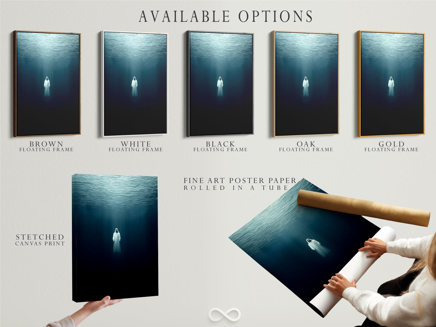 Available options include a stretched canvas print fine art poster paper and a floating frame. The artwork features an underwater figure. Pick the perfect format for your modern space. These options cater to minimalist Scandinavian or coastal styles. Elevate your decor with spiritual art.