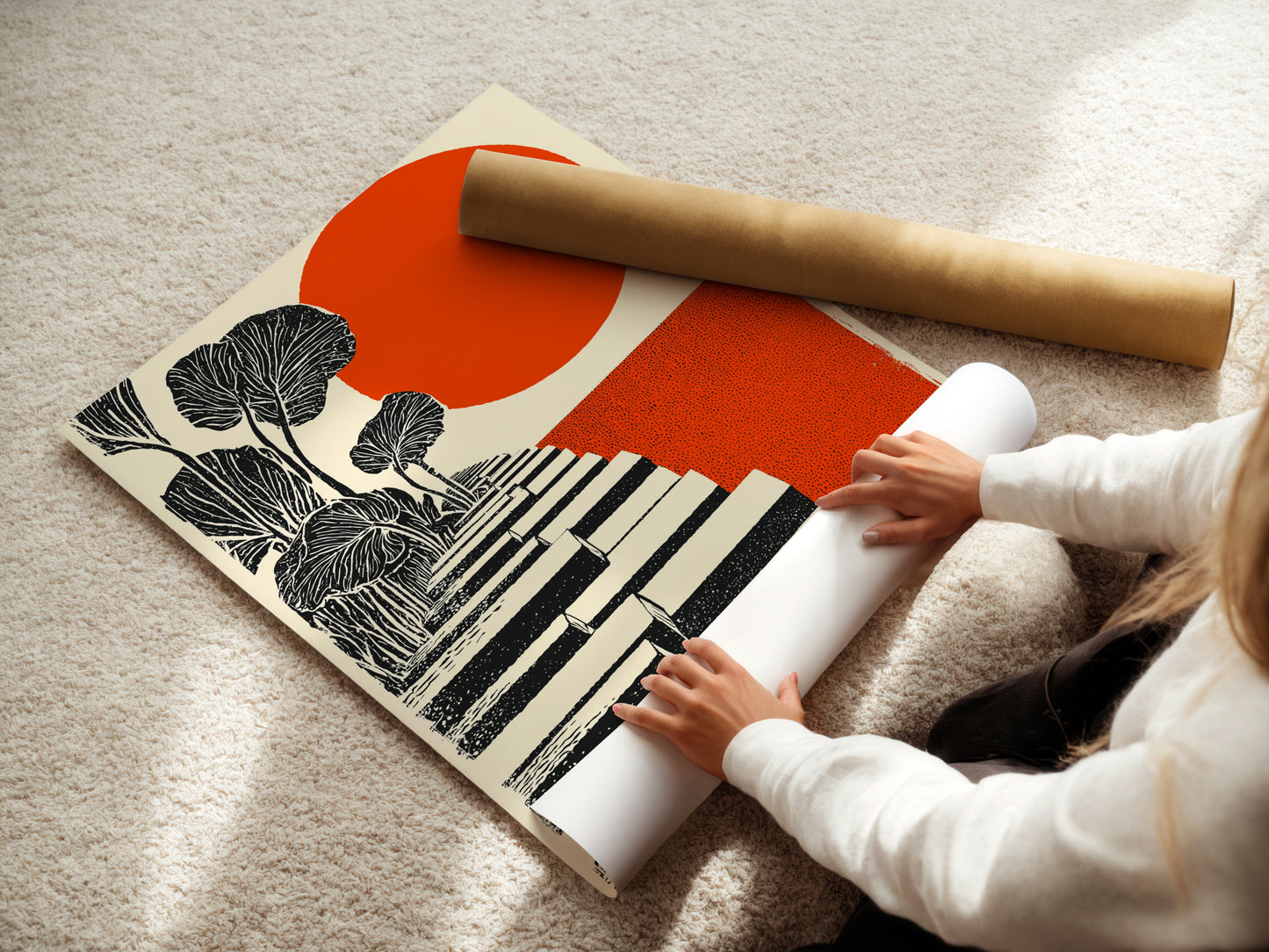 A woman is carefully rolling a fine art poster paper of the Botanical Steps artwork. The poster features a modern plant artwork with an orange sun. Perfect for adding a touch of contemporary style to any space. Ideal for framing and displaying as wall art.