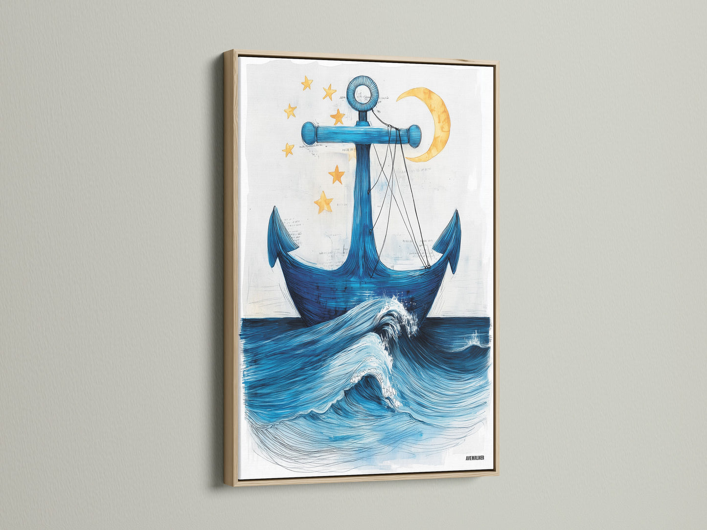 Anchor Canvas Print with an oak frame displayed on a white wall. This nautical wall art captures the essence of the sea. A blue ocean wave poster adds a coastal touch to any room. Perfect for beach house decor. Embrace the seaside artwork trend. Elevate your space with this ocean-inspired piece