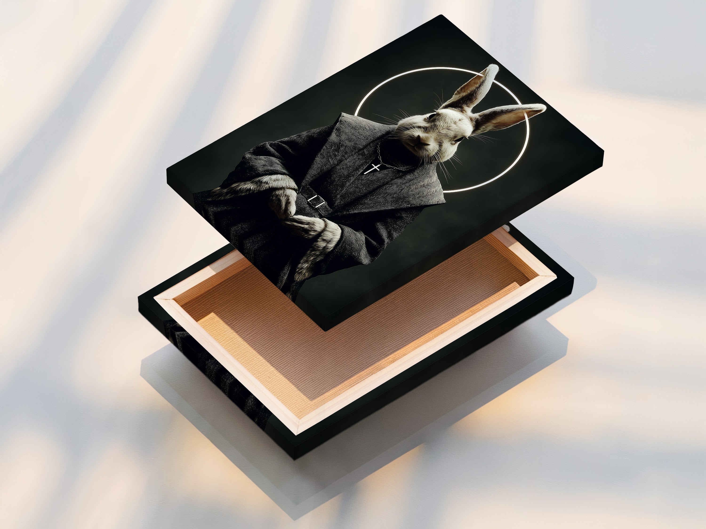 A stretched canvas print features the gothic rabbit monk artwork. The canvas provides a textured artistic feel. This religious art print is ready to hang. It is perfect for adding a dark academia touch to your decor. The animal portrait is a unique focal point.