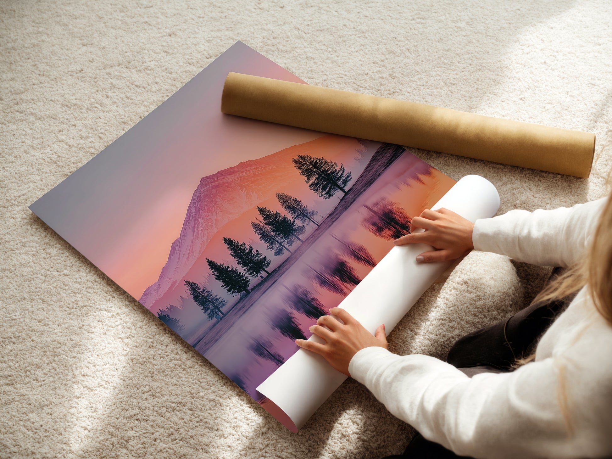 A woman is carefully rolling a fine art poster paper print. The pastel sky colors and serene landscape artwork are visible. This print is a beautiful addition to any home. Perfect for art lovers.