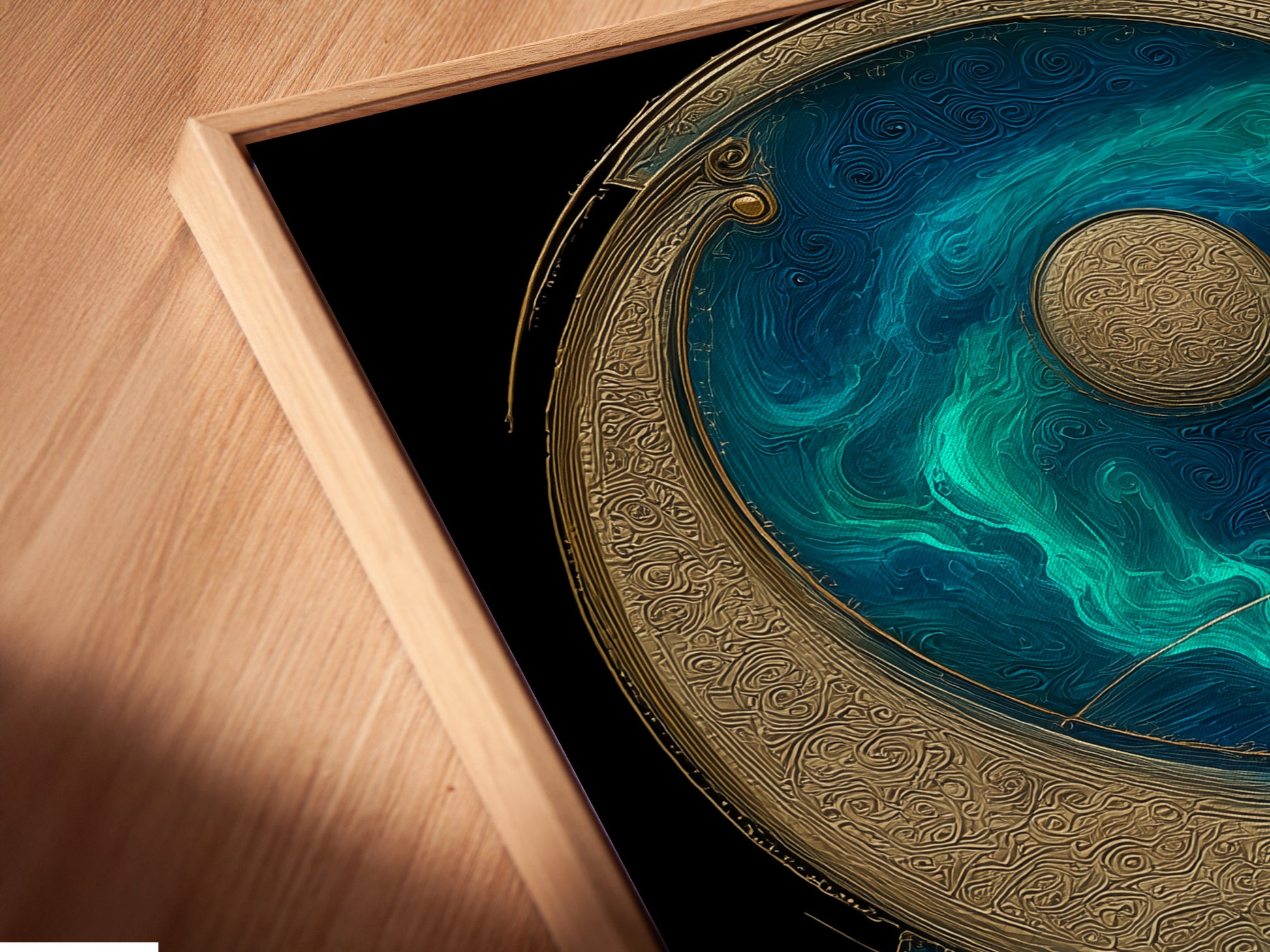 Angled close-up of a canvas print featuring Yin Yang artwork in a floating frame. The teal blue and gold spiritual wall art creates a zen ambiance. Perfect for modern homes seeking balance. Enhance your meditation room with this mindfulness print. This art brings harmony to your space.