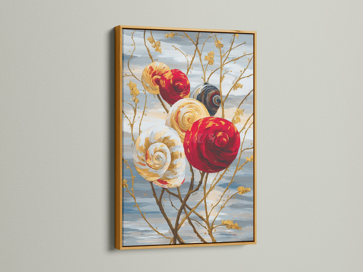 The spiral flower artwork is displayed in a gold frame. The metallic frame adds a touch of luxury to the abstract wall art. This botanical artwork makes a statement. Elevate your home decor.