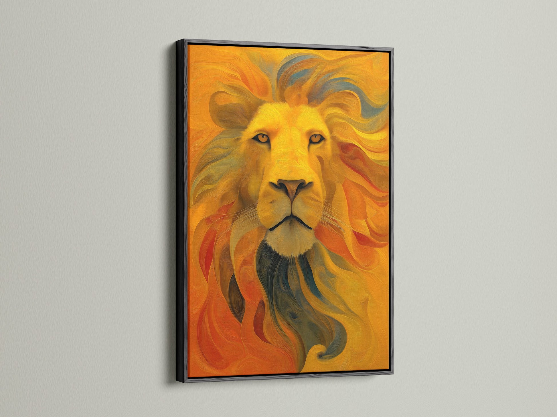 Eye-level shot of a lion artwork in a black frame. The black frame adds a touch of sophistication. It creates a bold contrast with the artwork's colors. Transform your walls with framed animal artwork. The black frame offers a timeless and elegant look.