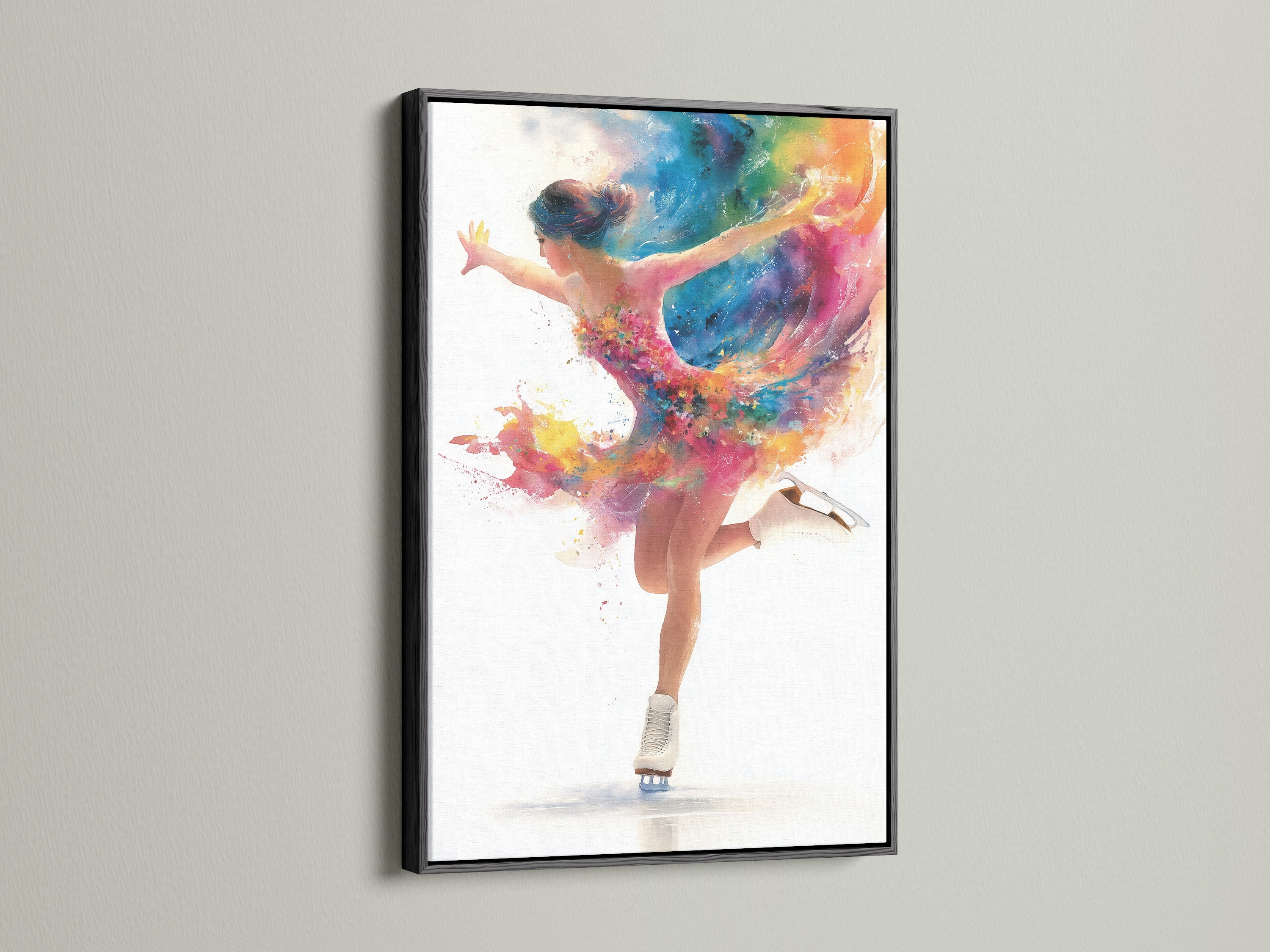 A black frame enhances the Dancing Girl Canvas Art. This colorful wall art is perfect for adding artistic movement to a space. Ideal for dance room decor or a sports room. The rainbow dancer art makes a bold statement.