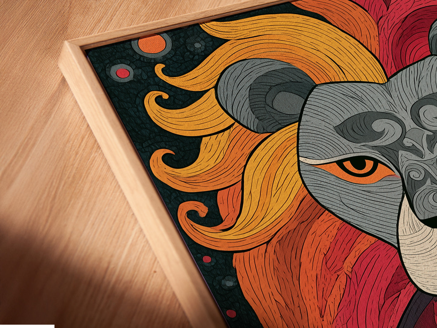 A close-up angled view of a canvas print. The artwork is displayed in a floating frame. The floating frame gives the artwork a modern look. The artwork appears to float within the frame. This adds depth and visual interest.