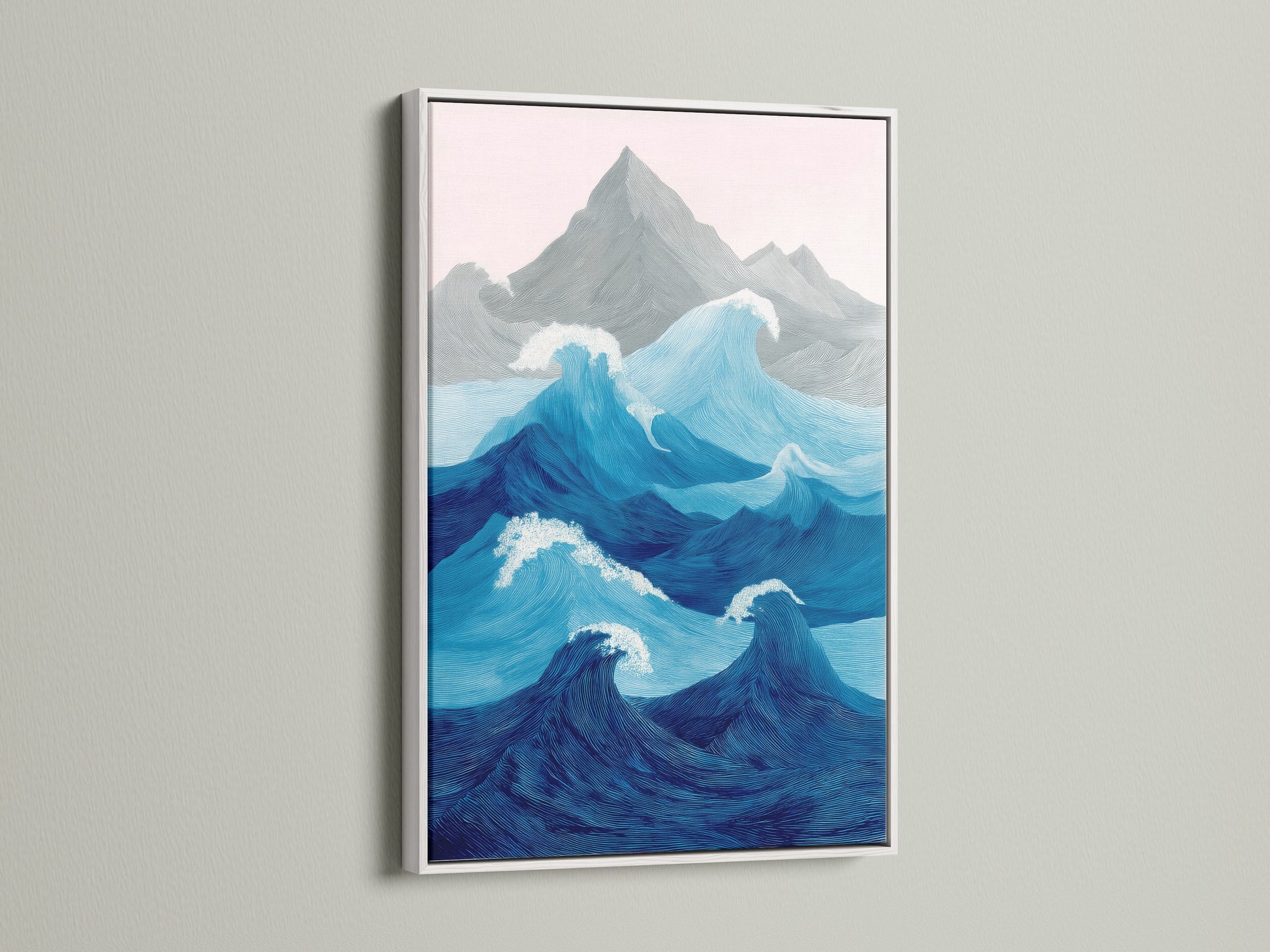 This artwork is displayed in a clean white frame. The white frame makes the colors pop. The art features abstract mountains and ocean waves. The artwork adds a modern touch. The piece is versatile and fits any decor style. It is perfect for creating a fresh and airy feel. This is a stunning addition to your art collection