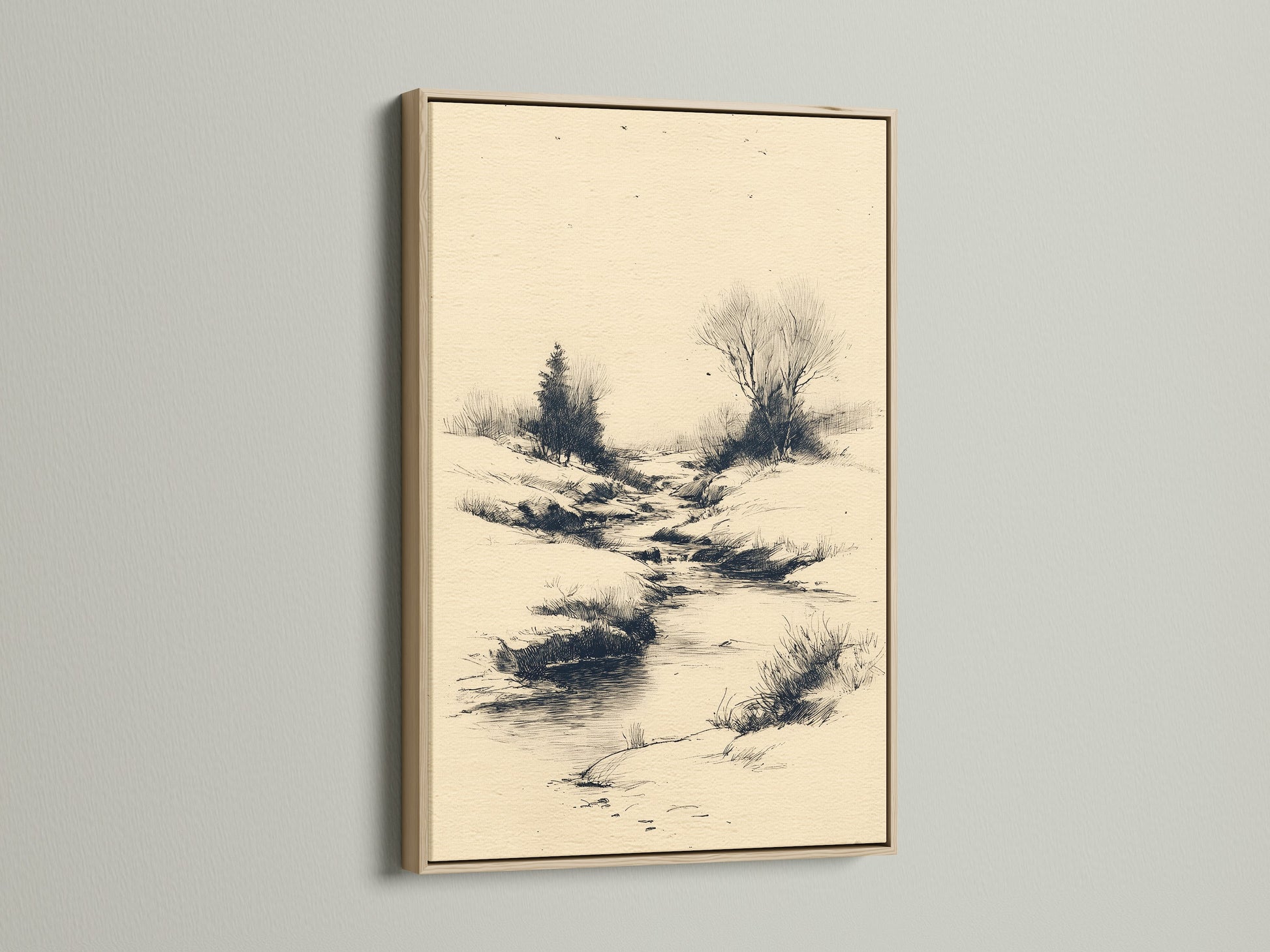 Artwork with an oak frame hangs on a wall. The oak frame enhances the artwork. Oak frames bring warmth to any room. Find the ideal frame to showcase your art. Elevate your art with a beautiful frame.