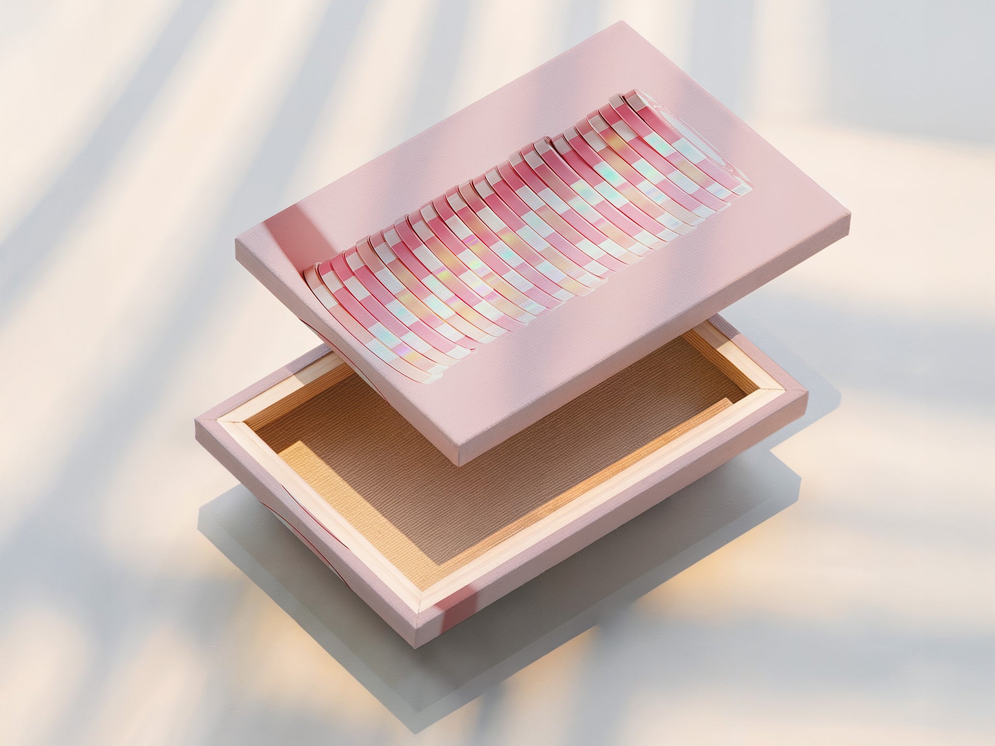 Close-up of a stretched canvas print. The print features abstract geometric artwork in pink pastel colors. Modern minimalist art perfect for contemporary wall decor. Add a touch of elegance to any office or living space.