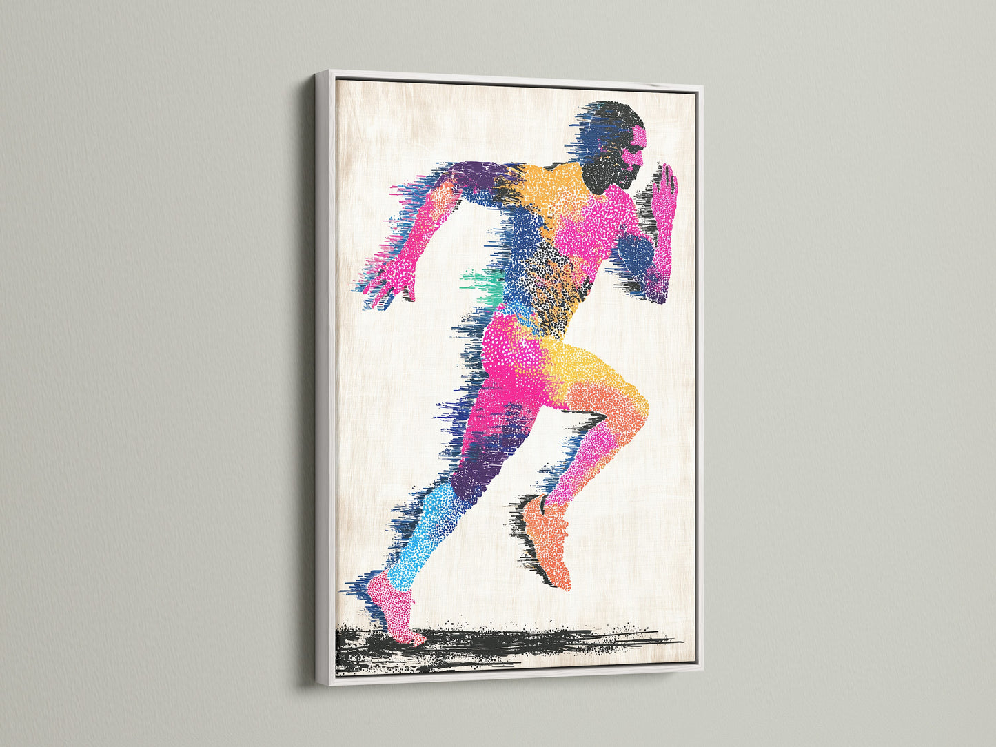 Artwork displayed in a white frame. The art showcases a colorful abstract figure of a runner. The runner depicted is in motion. The white frame offers a clean and contemporary style. It complements the artwork and brightens the space.