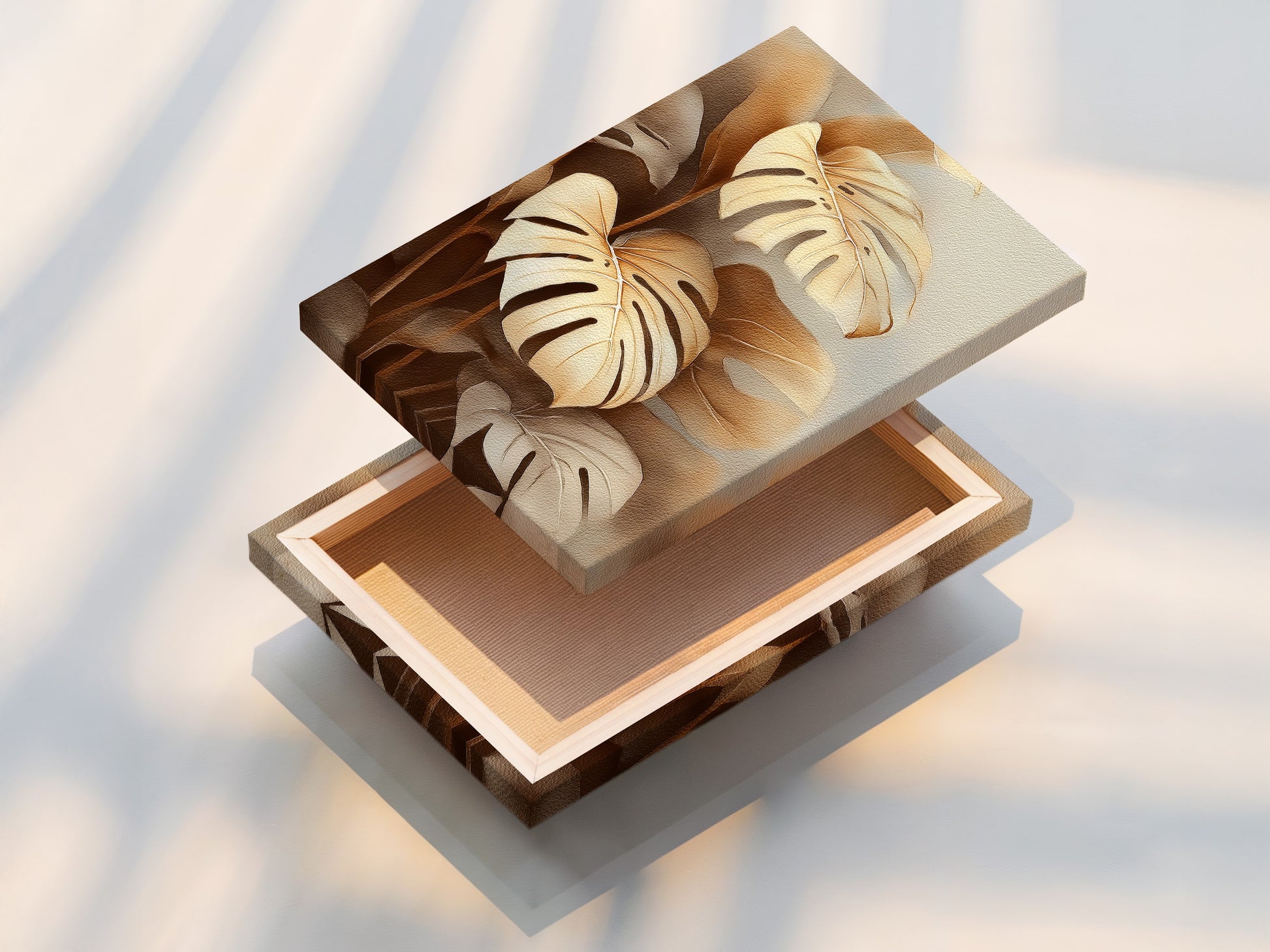 A stretched canvas print of monstera plant artwork. This ready-to-hang option simplifies decorating. The botanical print offers a gallery-wrapped look. Its durable construction ensures lasting beauty. The tropical leaf artwork enhances any space.