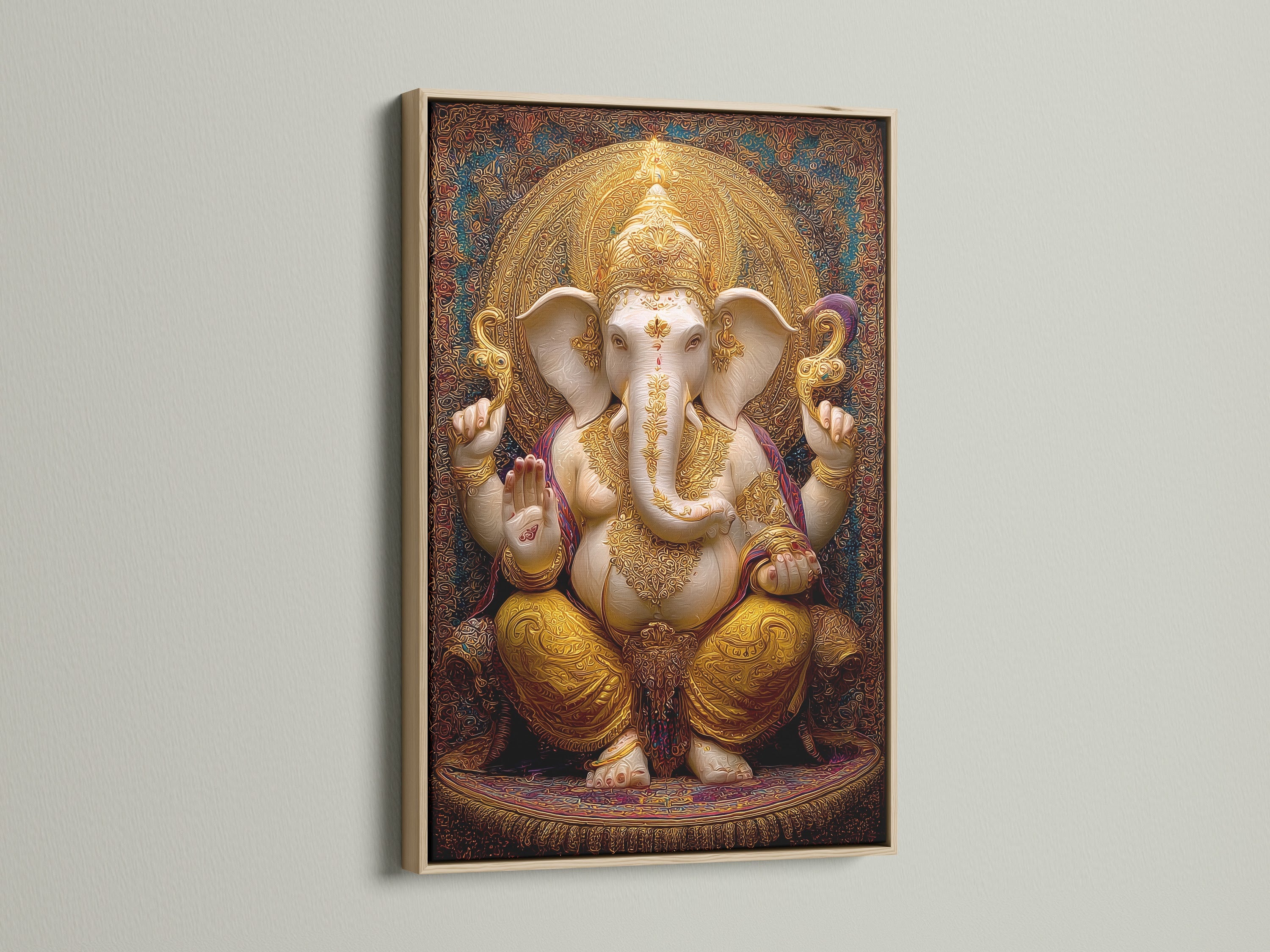 Golden Elephant Deity Art Print - Hindu Spiritual Wall Decor, Sacred Religious Poster, Meditation Room Art, Divine Blessing Artwork