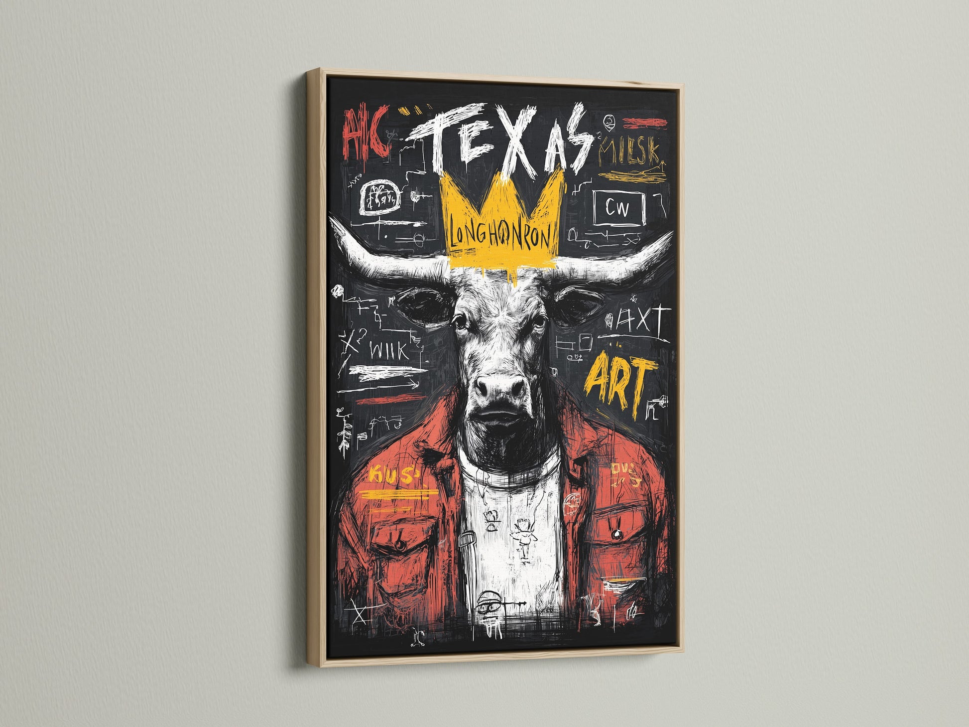 Check out this Texas Longhorn bull artwork framed in oak. The oak frame enhances the contemporary street art print. This bull canvas print will add a touch of urban style to your decor.