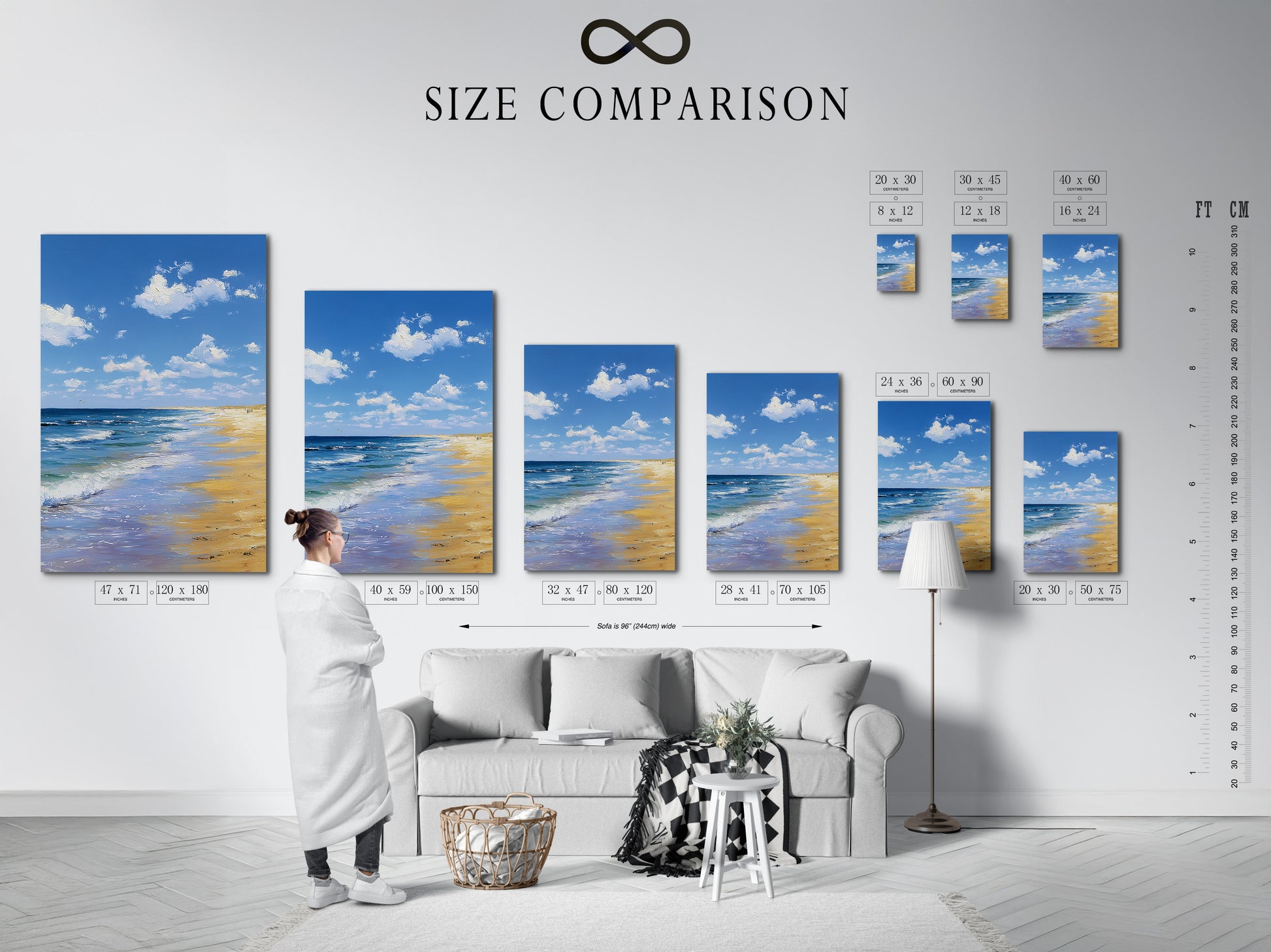 A size comparison chart displayed in an interior setting. This chart helps visualize the different artwork dimensions. It helps to select the perfect size for your space. Make an informed art purchase.