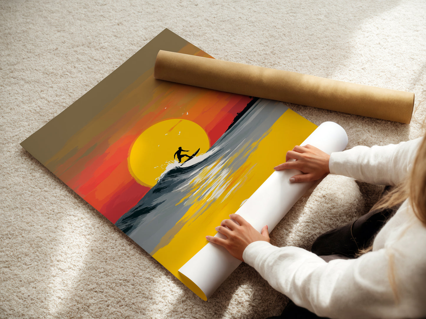 Explore the care we put into our fine art poster paper. A woman carefully rolls a surfing artwork print. Our coastal prints are crafted with attention to detail. This ensures a high-quality product. Perfect for adding summer vibes to your home decor.
