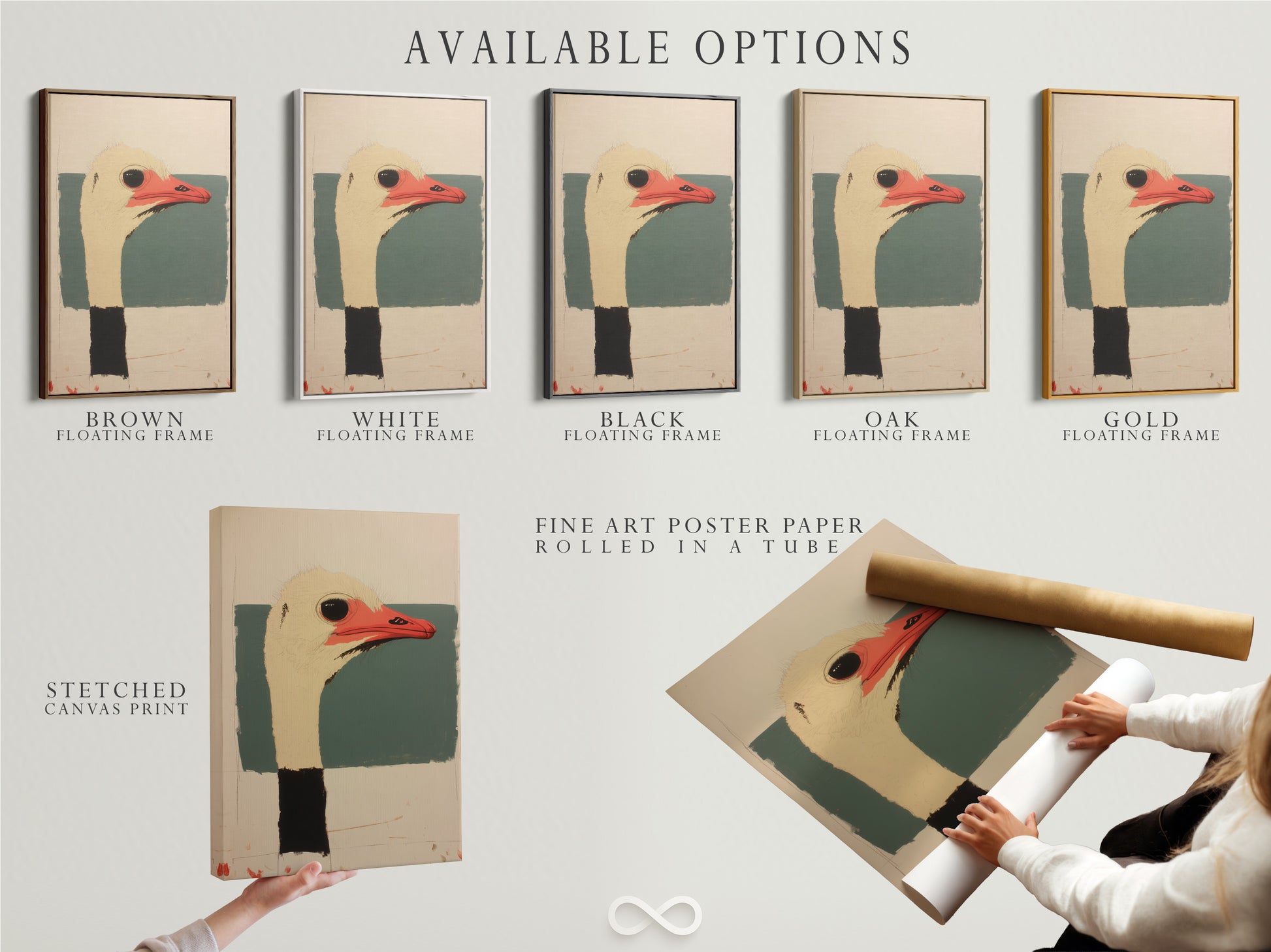 Available options are displayed. Choose from stretched canvas print. Options include fine art poster paper. Floating frame option is also available. Select the best option for your artwork.
