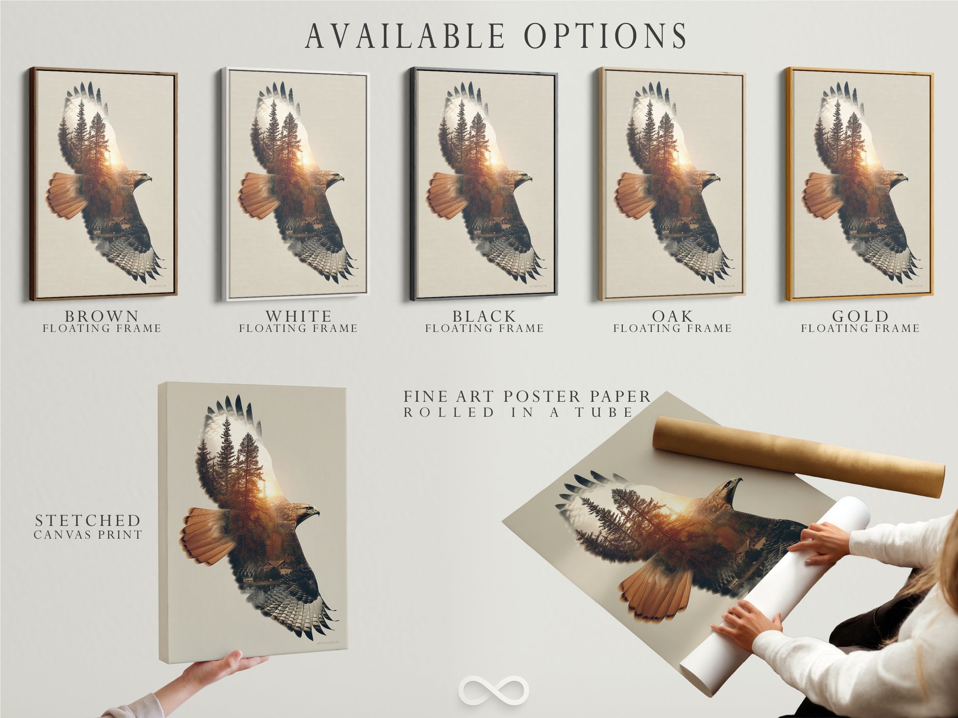 Available options for the Eagle Forest artwork. Options include a stretched canvas print fine art poster paper and floating frame. Choose the best option to suit your style. This wildlife canvas art offers versatile display choices. Perfect for any homeowner or interior designer.