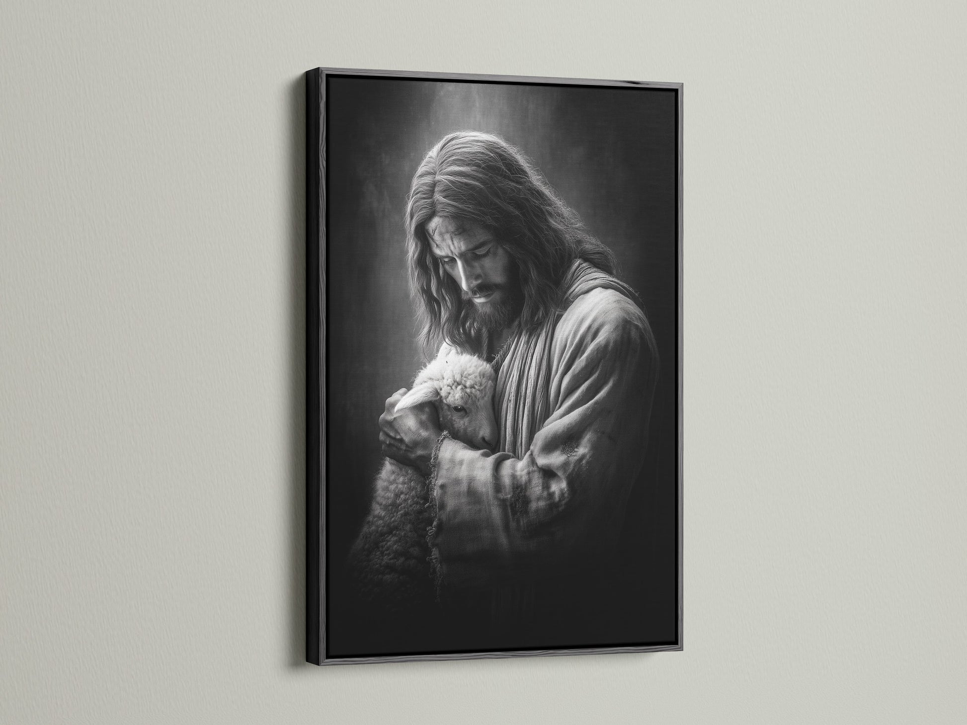 Artwork of Jesus holding a lamb is displayed in a black frame. The black frame offers a bold and striking aesthetic. This frame enhances the artwork's beauty. It seamlessly integrates with any interior setting. Perfect for modern decor.