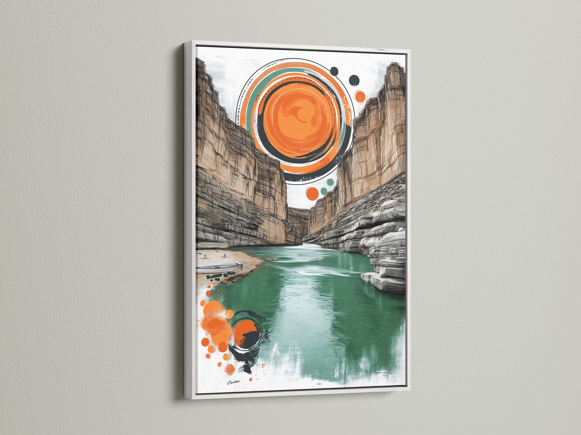Abstract River Wall Art in White Frame. This fine art print showcases a canyon landscape with geometric accents. The white frame enhances the clean modern look. Perfect for minimalist spaces.