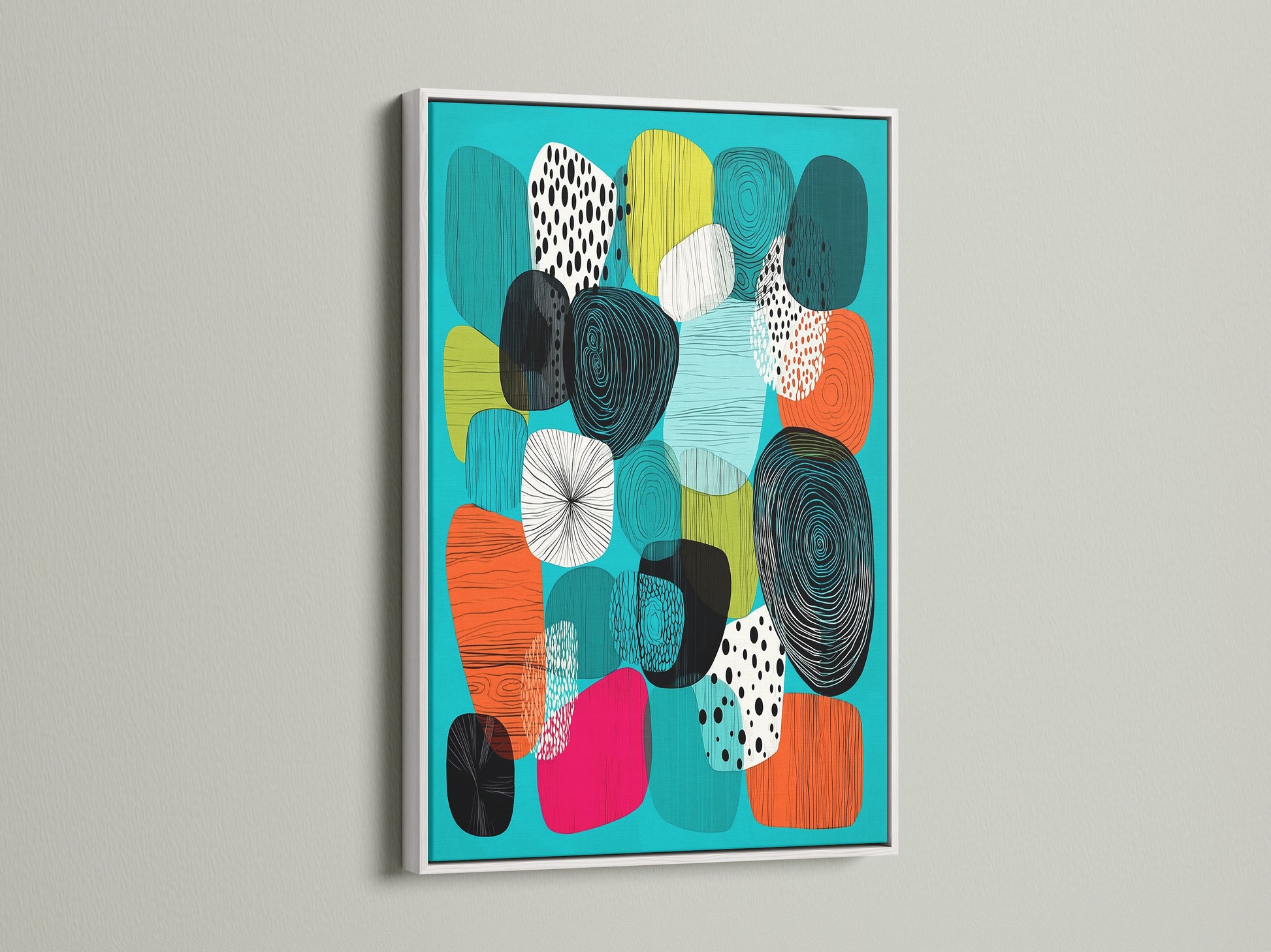 A square mid-century modern artwork with a teal background. The abstract canvas art features geometric shapes in white frame. This retro art print is perfect for scandinavian or eclectic styles. Elevate your bedroom wall decor.